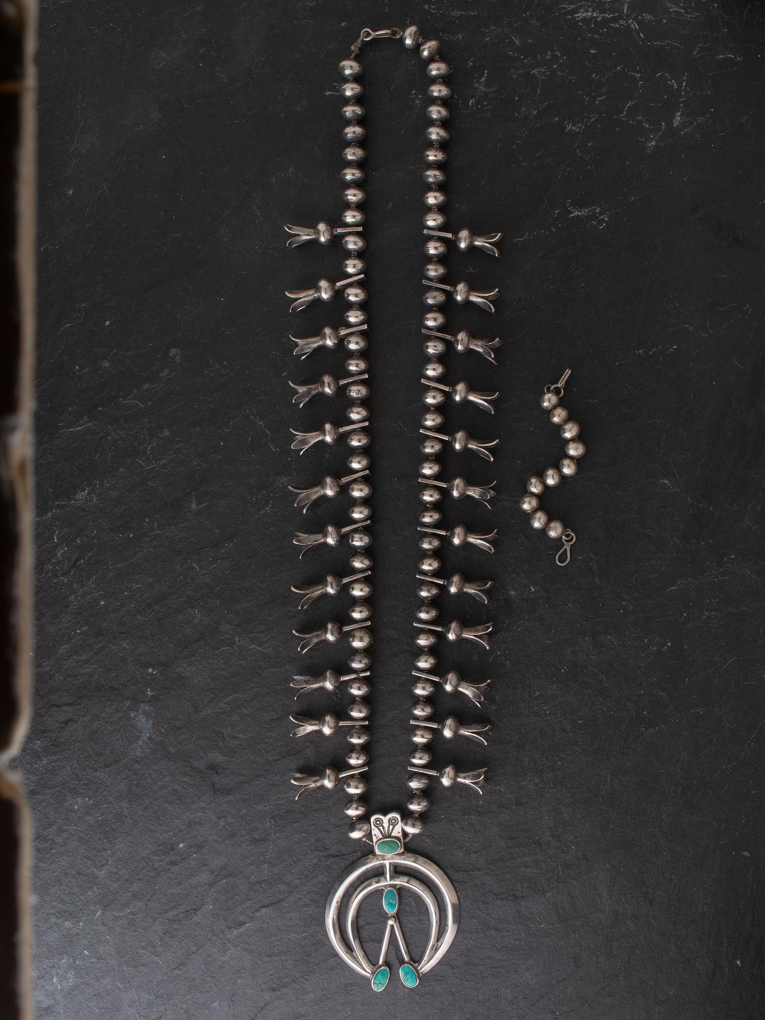 Navajo Silver and Turquoise Squash Blossom Necklace