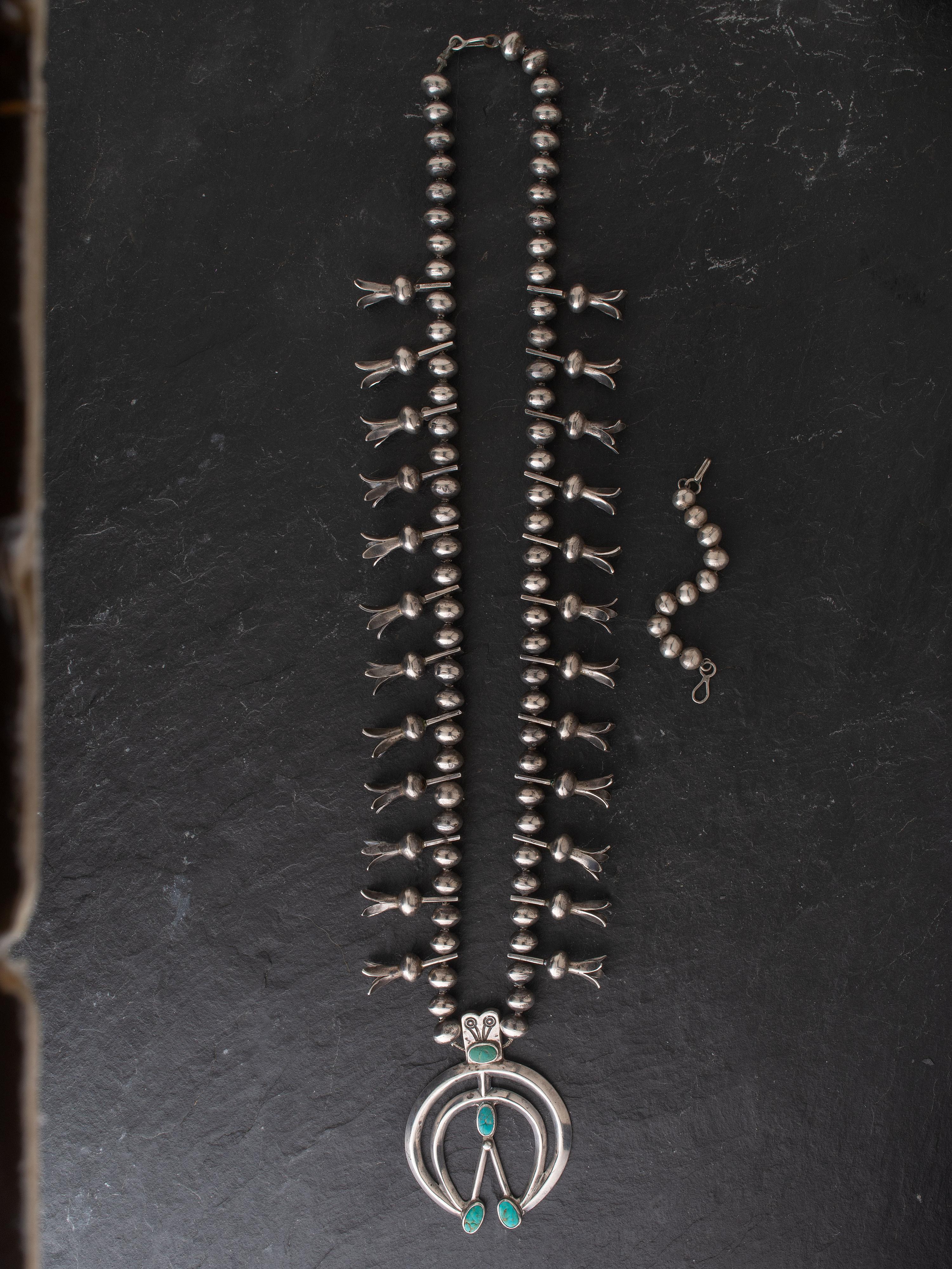 Navajo Silver and Turquoise Squash Blossom Necklace
