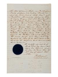 [TEXAS]. SEGUIN, Juan, et al. Manuscript power of attorney, in the hand of John James, signed by Seguin and 19 Tejanos, notarized by P. L. Buquet with his purple paper seal. Bexar County, Texas. 28 September 1860.