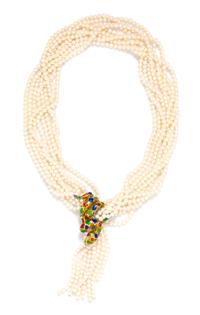 A Multi Strand Cultured Pearl Necklace with an 18 Karat Yellow Gold, Polychrome Enamel and Diamond Clasp, 104.00 dwts.