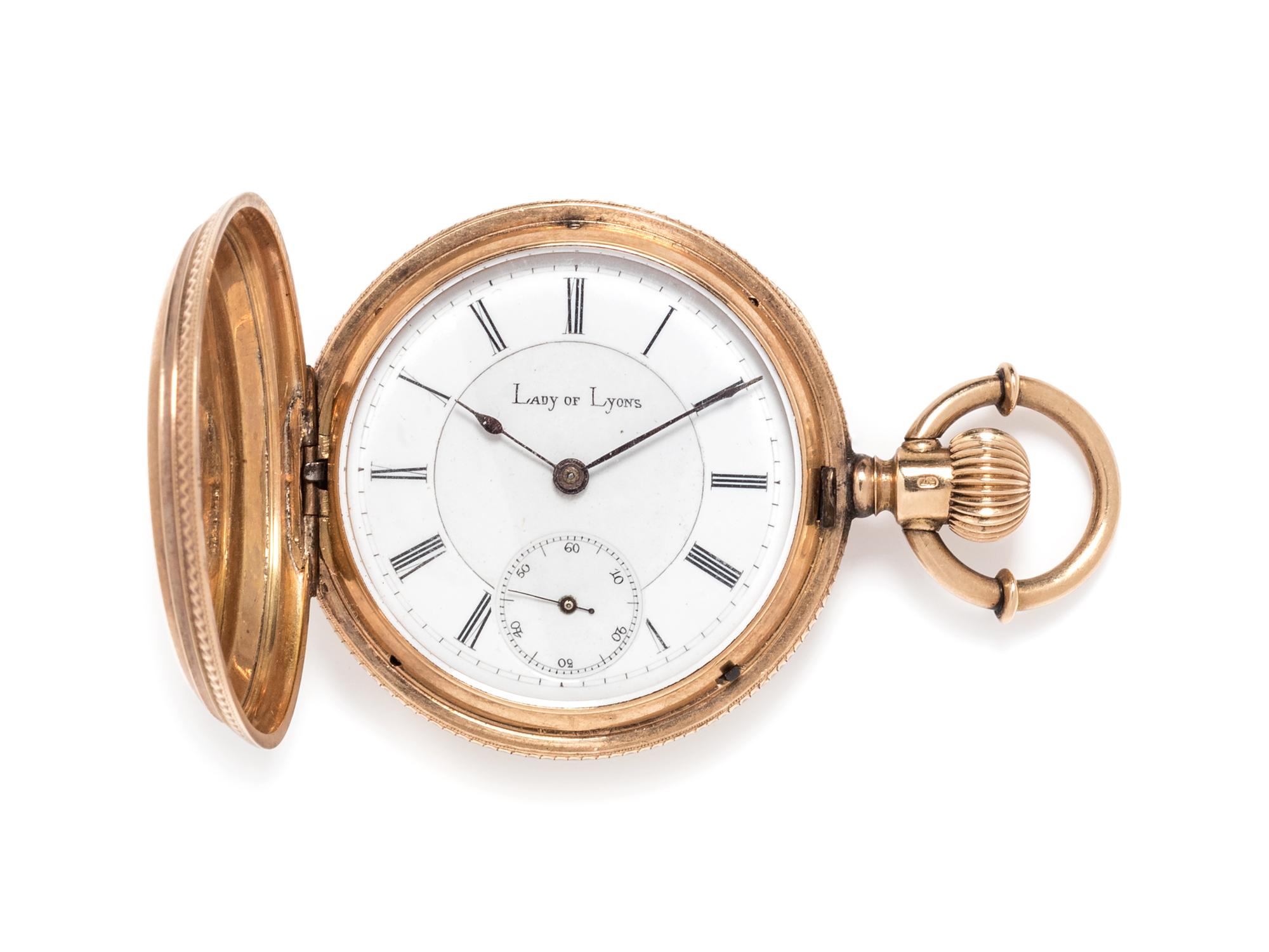 A 14 Karat Yellow Gold Hunter Case Pocket Watch, Lady of Lyons,