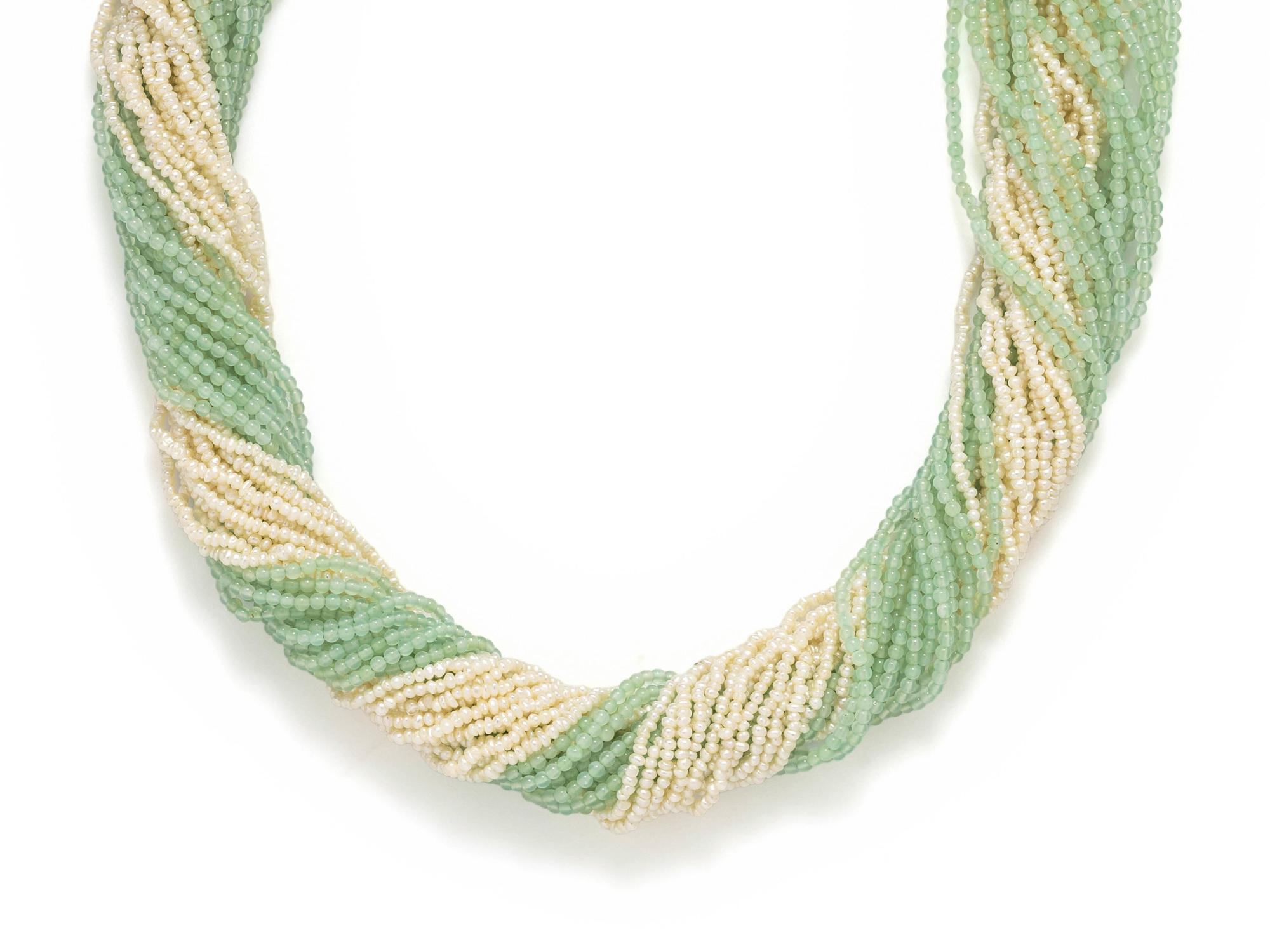 CULTURED SEED PEARL AND GREEN BEAD TORSADE NECKLACE