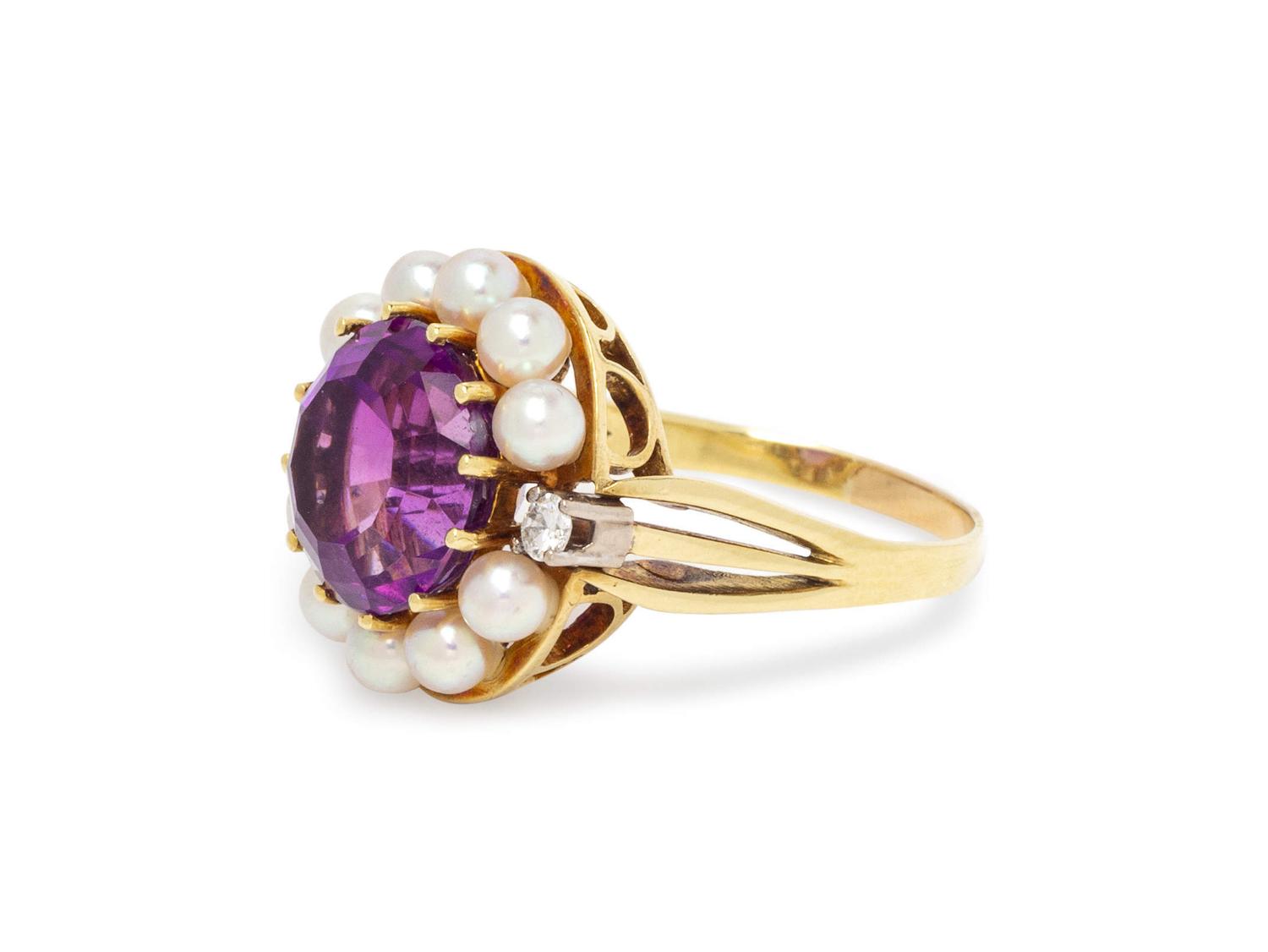 A 14 Karat Yellow Gold, Amethyst, Cultured Pearl and Diamond Ring,