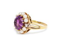 A 14 Karat Yellow Gold, Amethyst, Cultured Pearl and Diamond Ring,