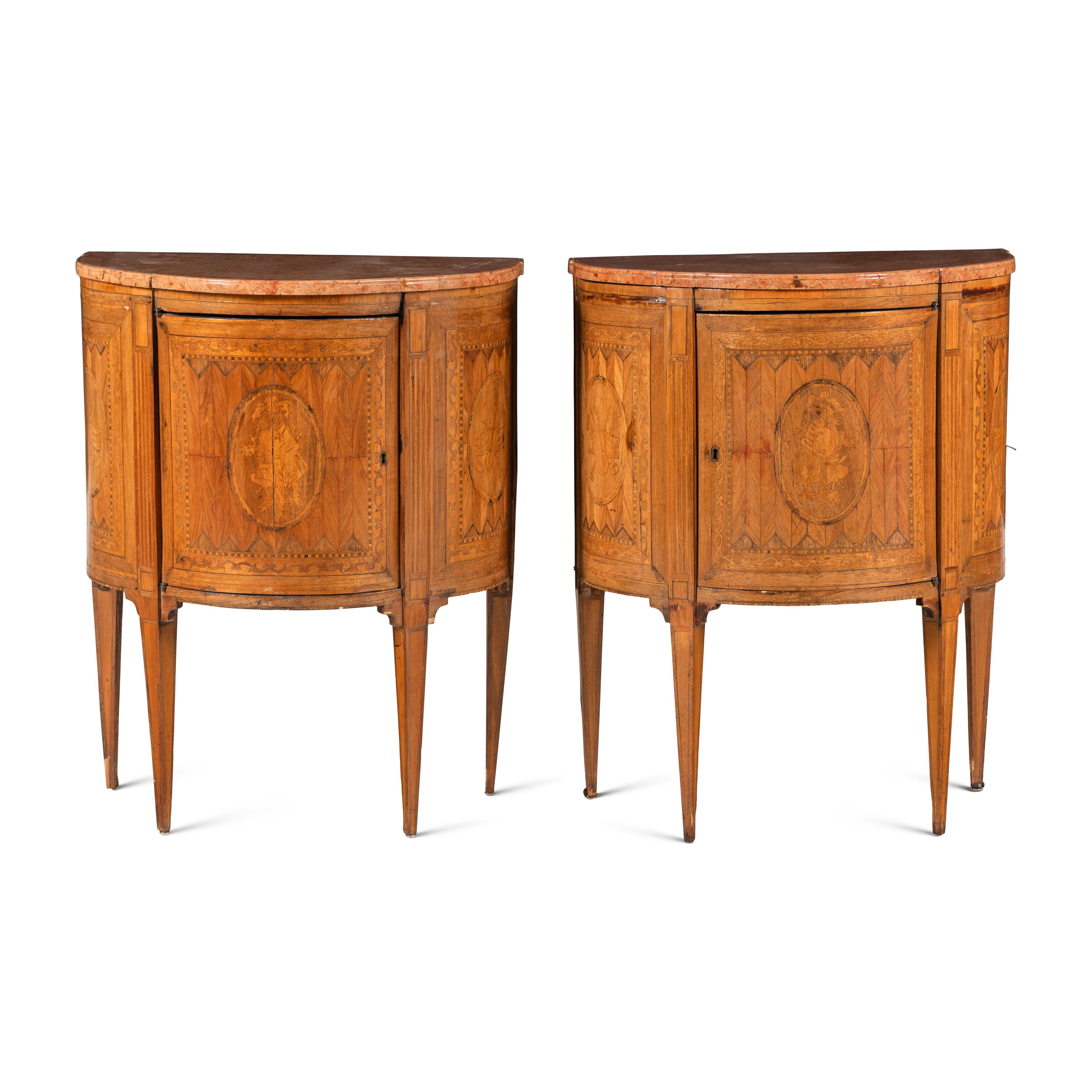 A Pair of Italian Neoclassical Marquetry and Marble-Top Commodini