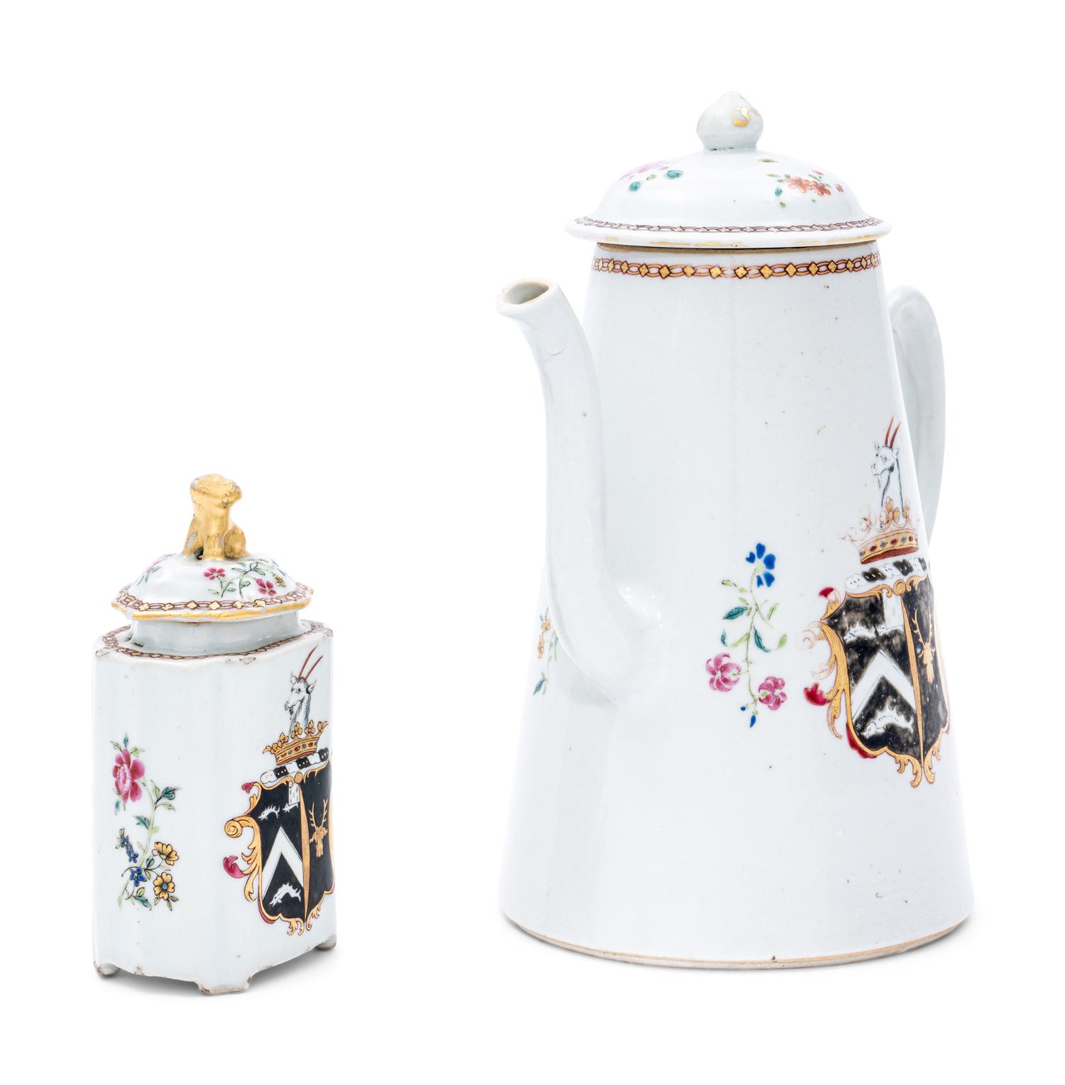 A Chinese Export Porcelain Armorial Coffee Pot and Tea Caddy
