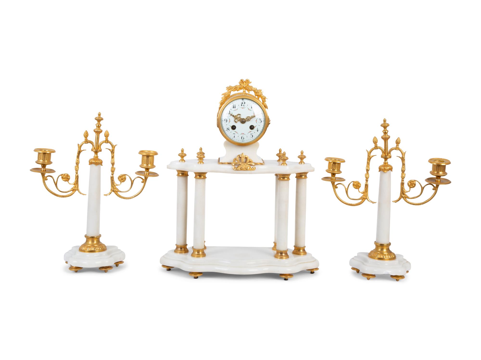 A French Gilt Bronze and White Marble Clock Garniture — 20TH CENTURY