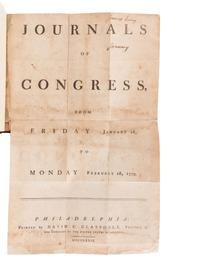 [UNITED STATES CONTINENTAL CONGRESS]. Journals of Congress . [Monthly issues:] Jan.1-Feb. 1 1779, Feb. 1-Mar. 1 1779, Mar. 1-Mar. 30 1779. Philadelphia: David C. Claypoole, 1779. [Weekly issues:] Mar. 31-Apr. 10 1779 through Dec. 20-Dec. 31, 1779. Philadelphia: David C. Claypoole, 1779.