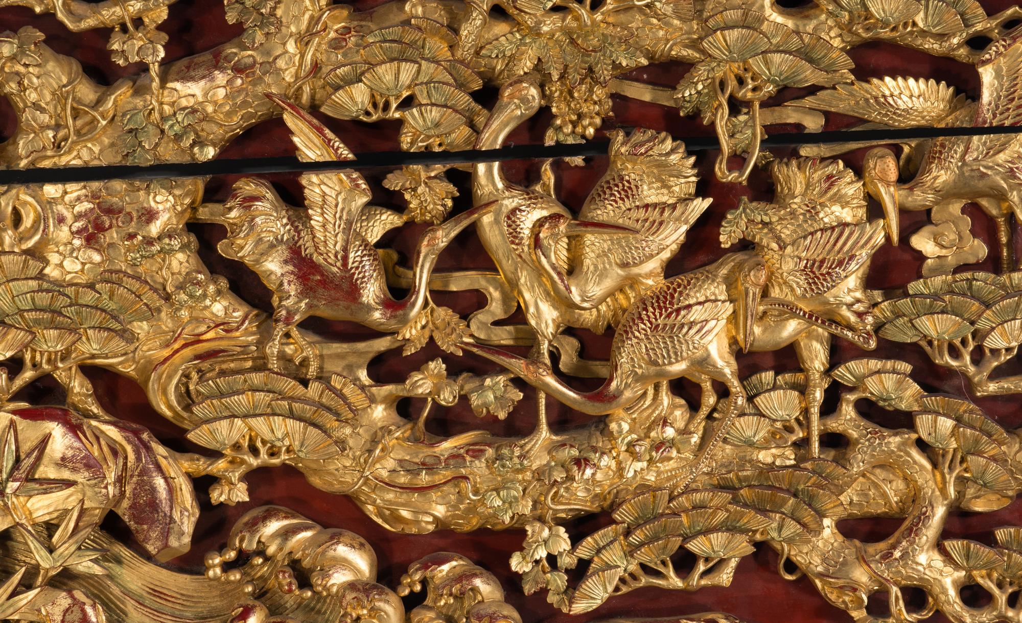 A Chinese Export Pierce Carved Giltwood Panel