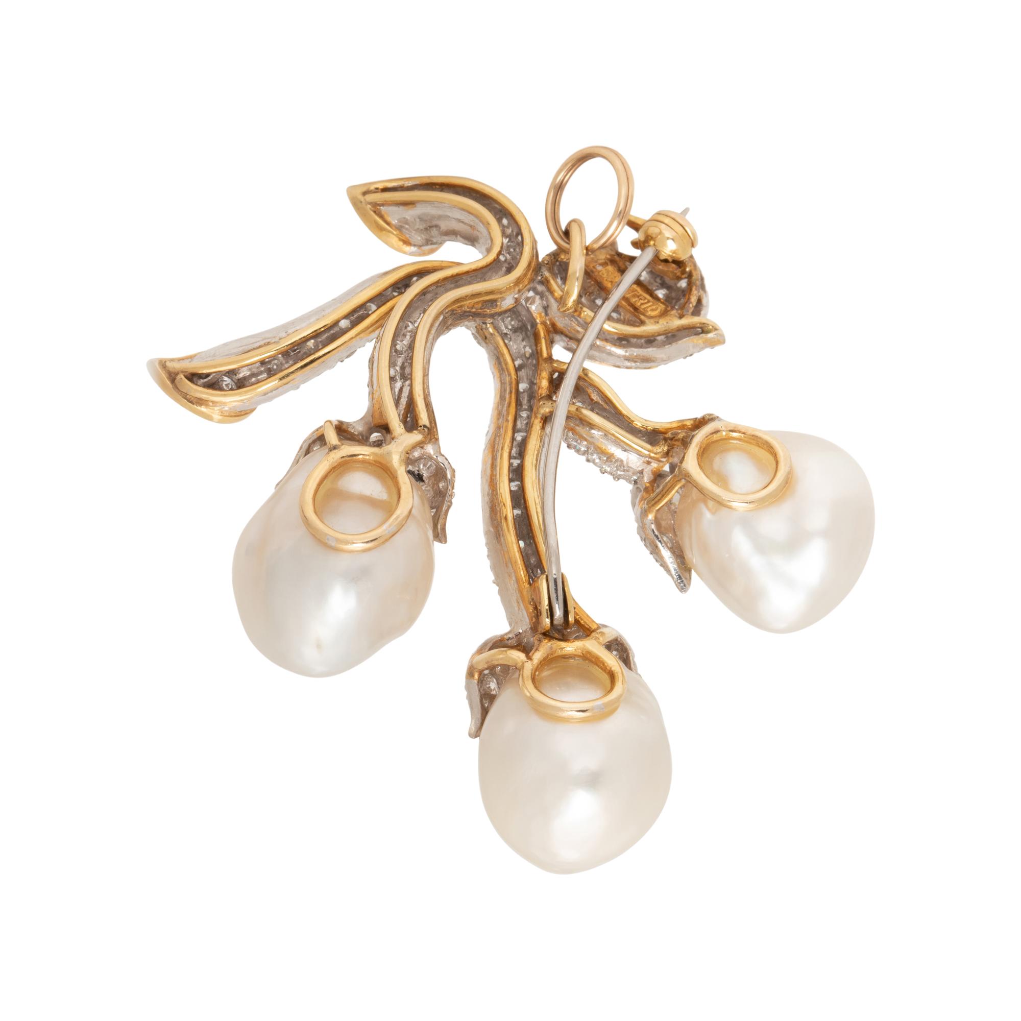 TRIO, CULTURED BAROQUE PEARL AND DIAMOND PENDANT/BROOCH