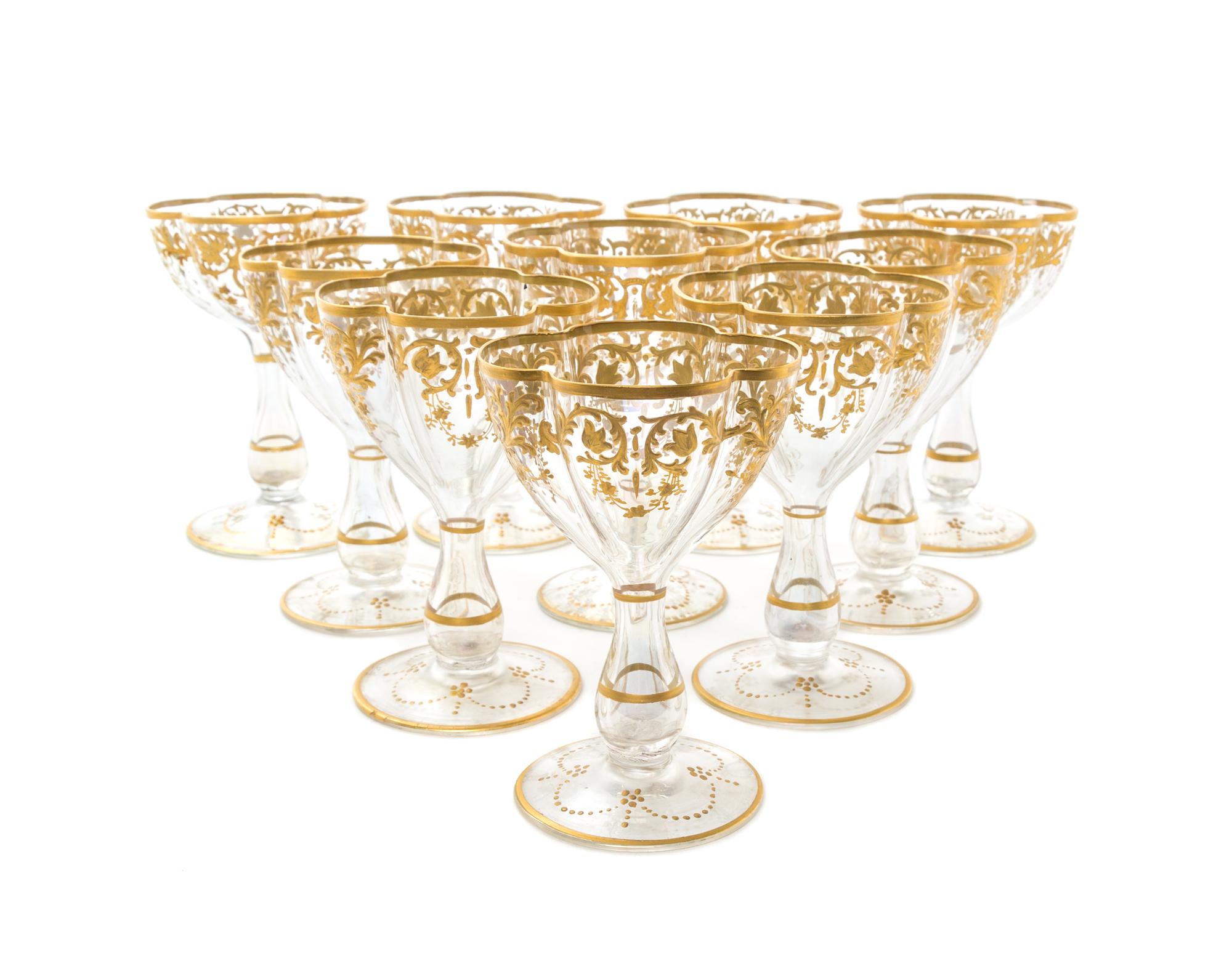 A Set of Ten Continental Gilt Decorated Blown Glass Wines Height 5 inches. — 20TH CENTURY