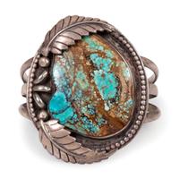 A Navajo Sterling Silver and Turquoise Cuff Bracelet, with Silver Leaf Applique