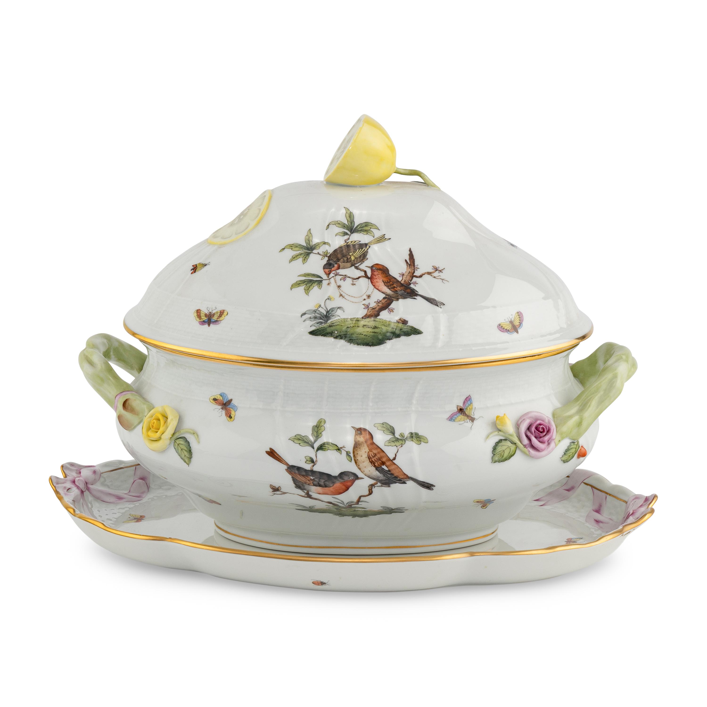 A Herend Rothschild Bird Porcelain Tureen and Underplate
