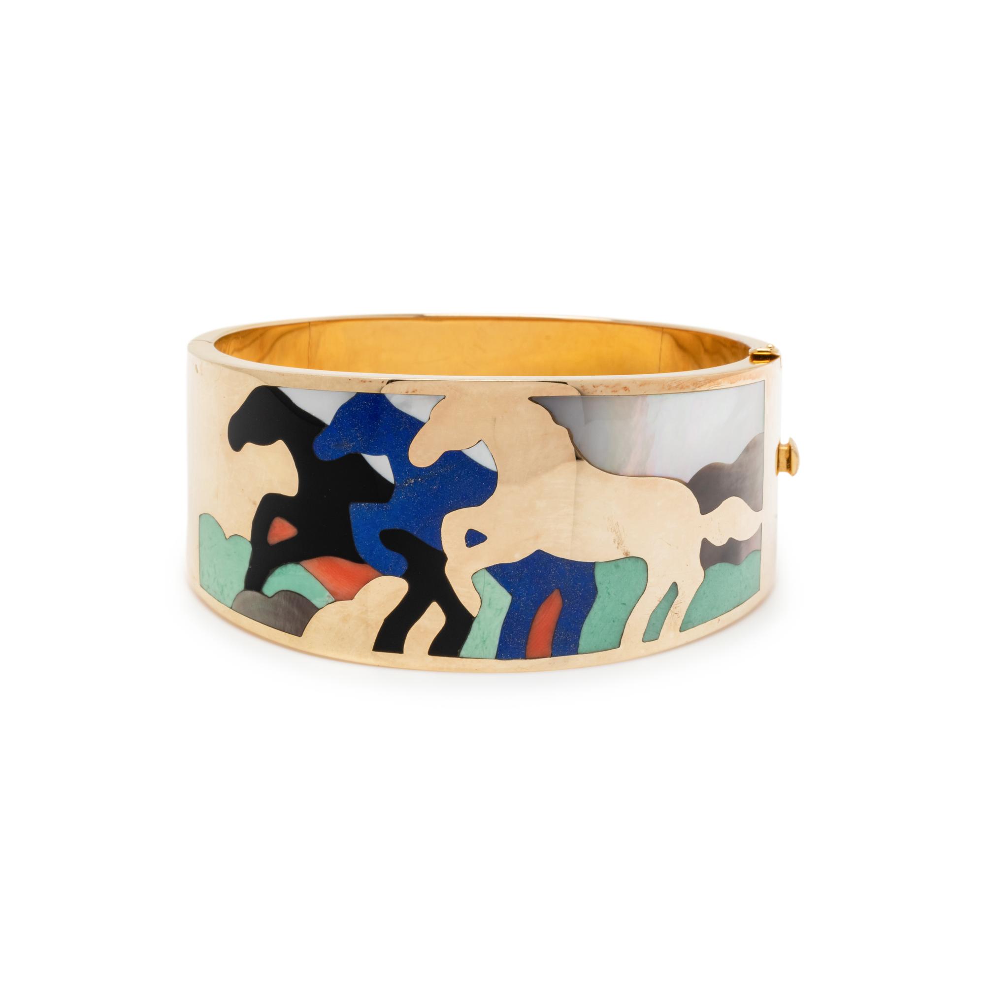 ASCH GROSSBARDT, YELLOW GOLD AND HARDSTONE INLAY BANGLE BRACELET