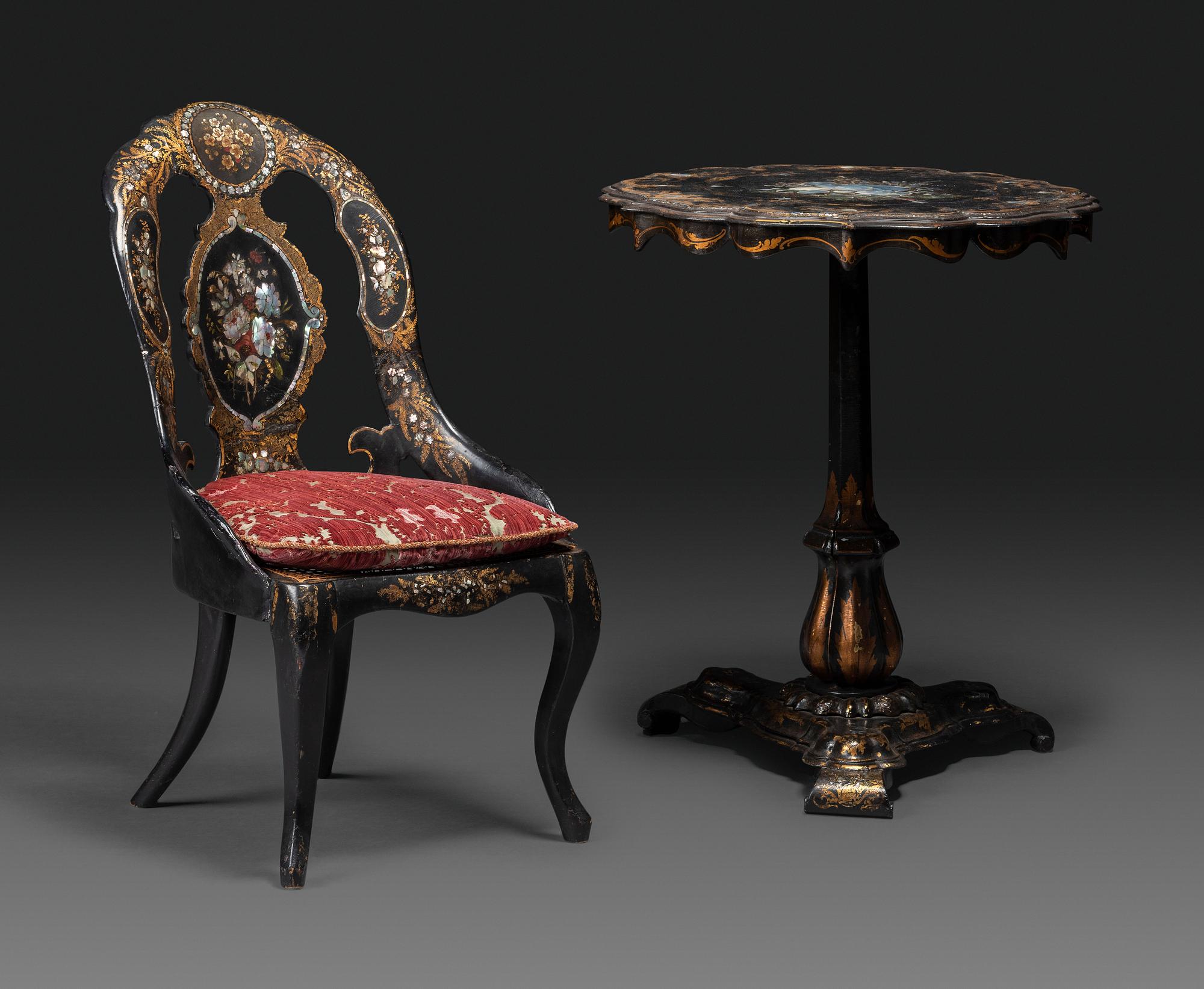 A Victorian Parcel-Gilt and Black Lacquered Mother-of-Pearl Inlaid Side Table and Side Chair