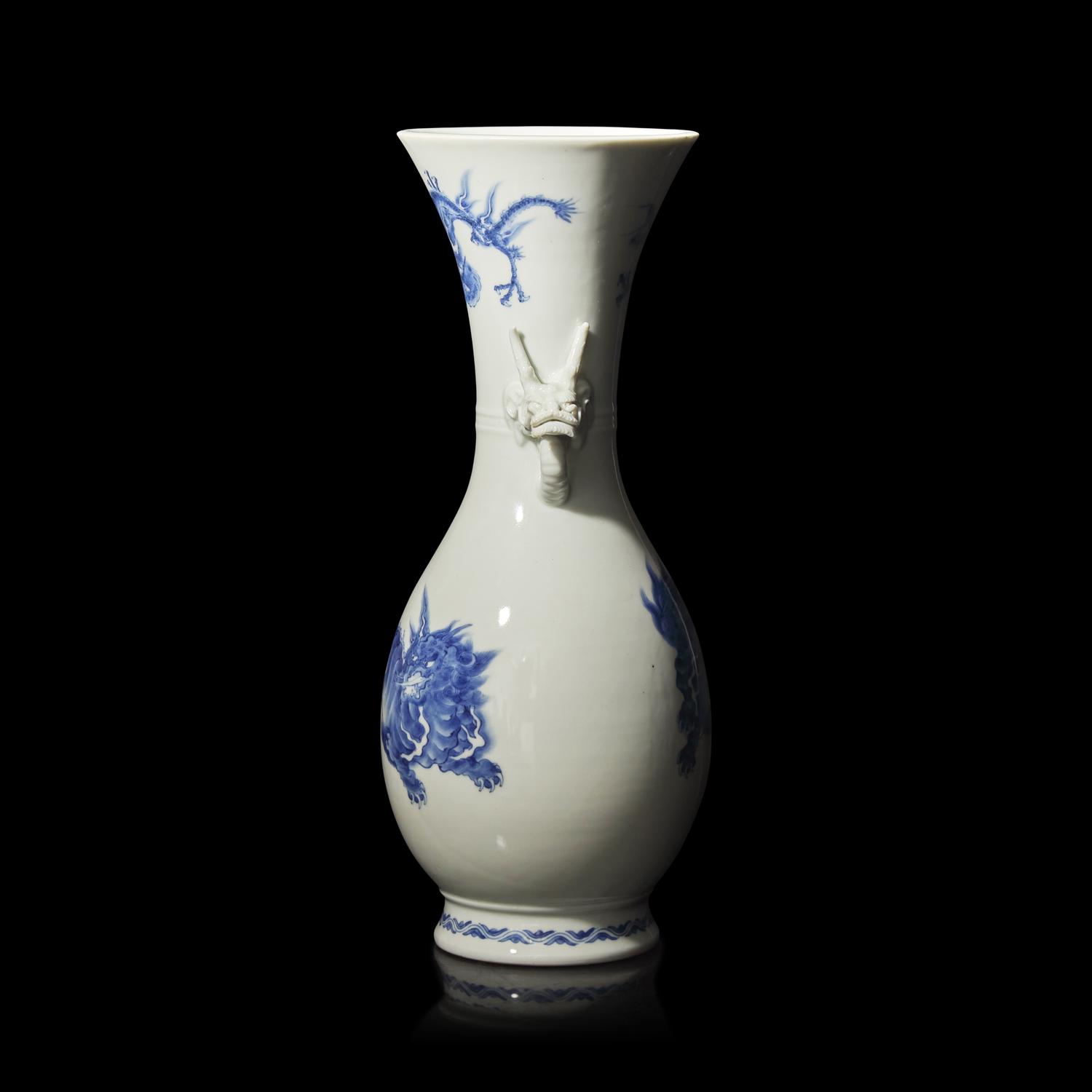 A Japanese Hirado Blue and White Porcelain 'Mythical Beast and Dragons' Vase, Meiji Period 日本明治時期 平戶燒青花瑞獸紋瓶