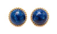 A Pair of Yellow Gold and Lapis Lazuli Earclips, 8.50 dwts.