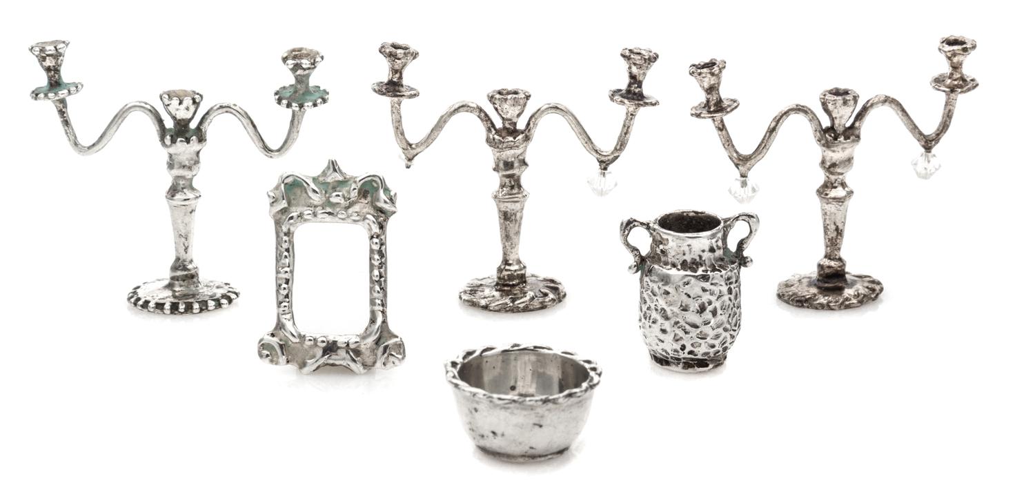 A Group of Six American Table Articles, Norma Lambert, 1978, comprising three three-light candelabra, a basin, a two-handled jug and a