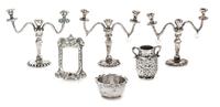 A Group of Six American Table Articles, Norma Lambert, 1978, comprising three three-light candelabra, a basin, a two-handled jug and a