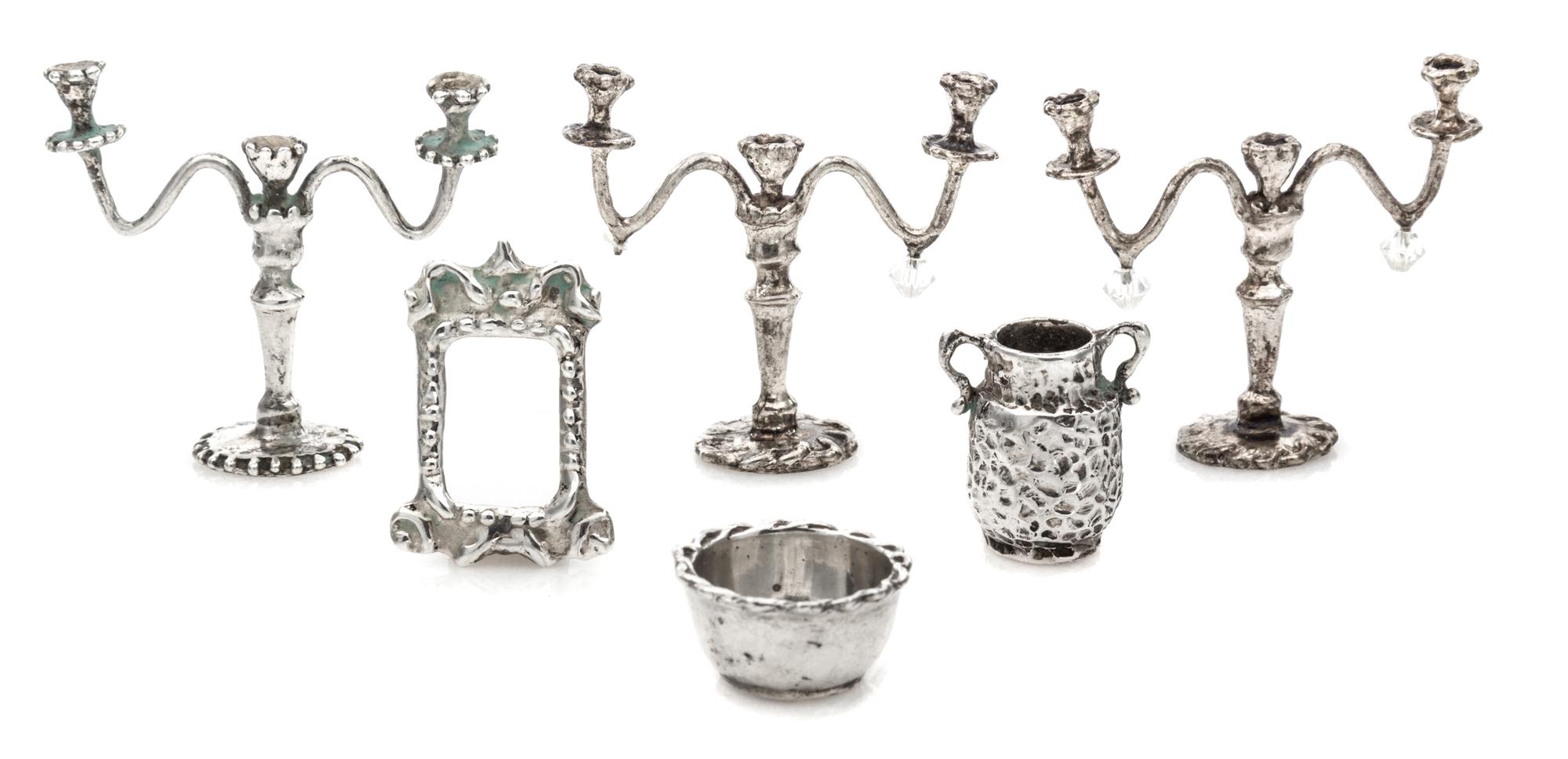 A Group of Six American Table Articles, Norma Lambert, 1978, comprising three three-light candelabra, a basin, a two-handled jug and a