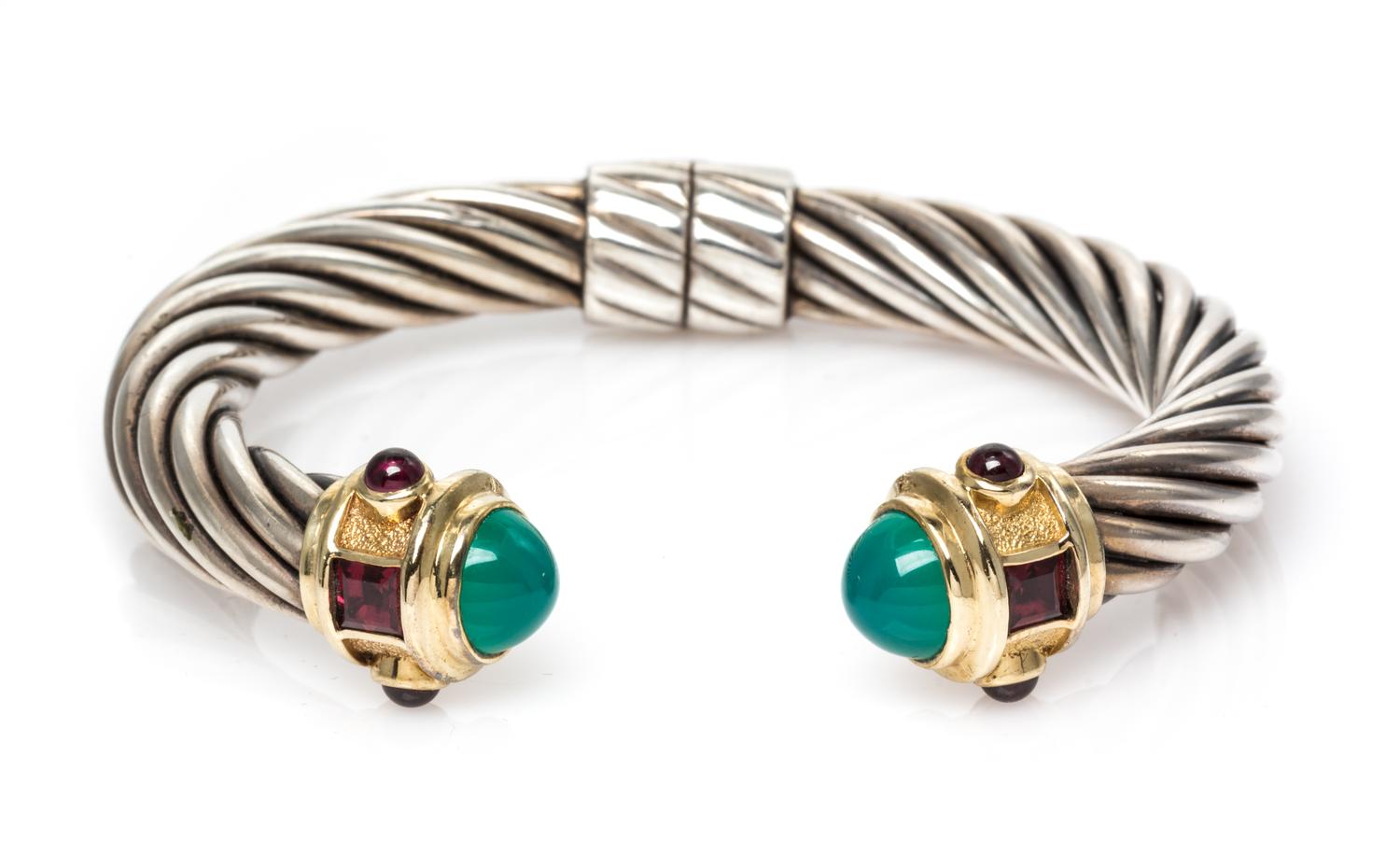 A Sterling Silver, 14 Karat Yellow Gold, Green Onyx and Garnet 'Renaissance' Bracelet, David Yurman, 31.70 dwts.