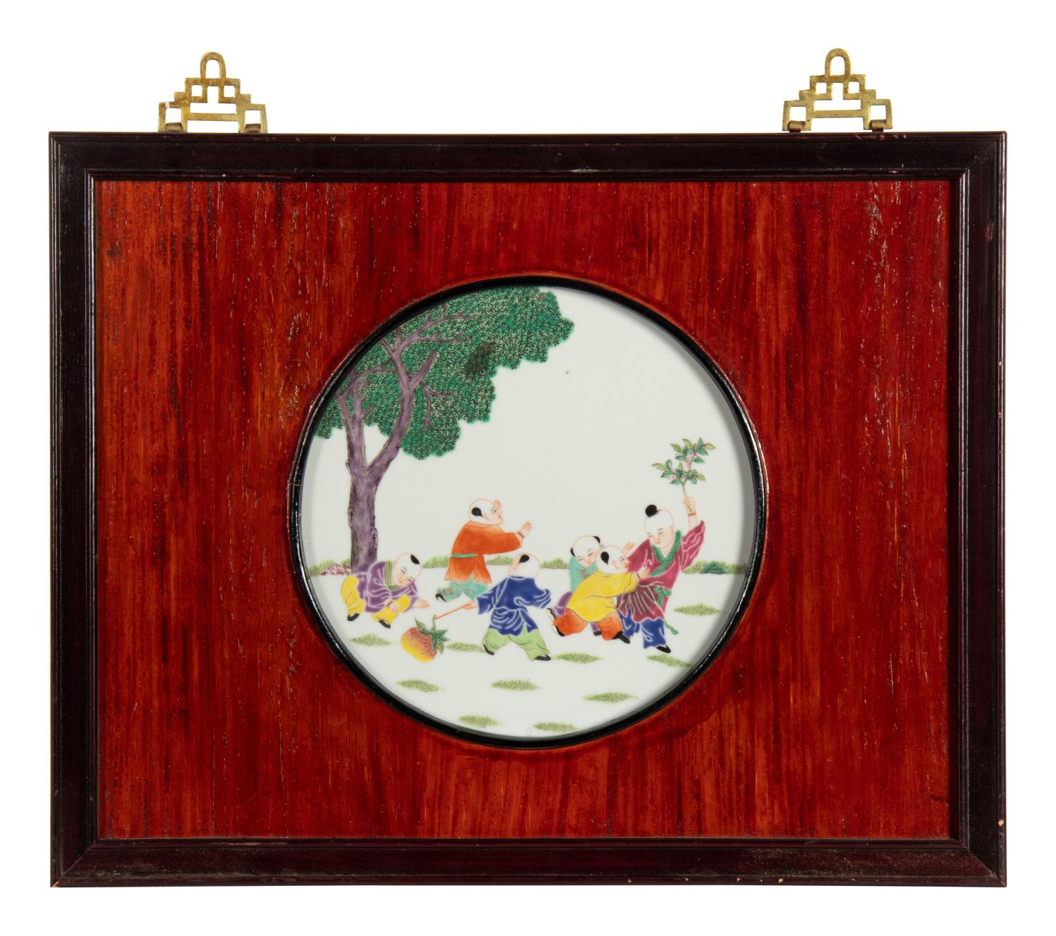 A Set of Four Chinese Famille Rose Porcelain Inset Hardwood Wall Panels