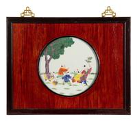 A Set of Four Chinese Famille Rose Porcelain Inset Hardwood Wall Panels