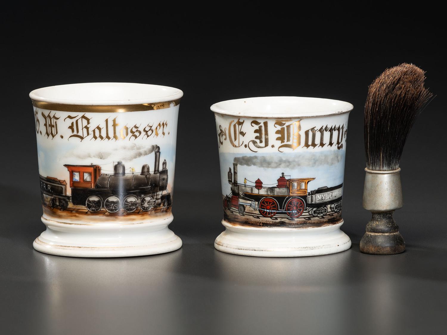 Two Railroad Worker's Porcelain Occupational Shaving Mugs
