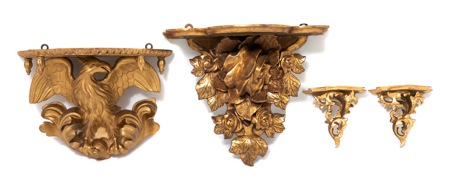 A Group of Four Continental Carved Giltwood Wall Brackets Height of largest 18 1/2 inches. — 19TH/20TH CENTURY