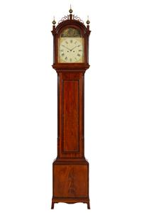 A Federal Carved, Inlaid and Figured Mahogany Tall Case Clock