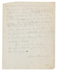 CARNEGIE, Andrew. Partial Autographed letter signed ("Andrew Carnegie"), to an unnamed recipient, n.p., n.d. [but probably after 1887].
