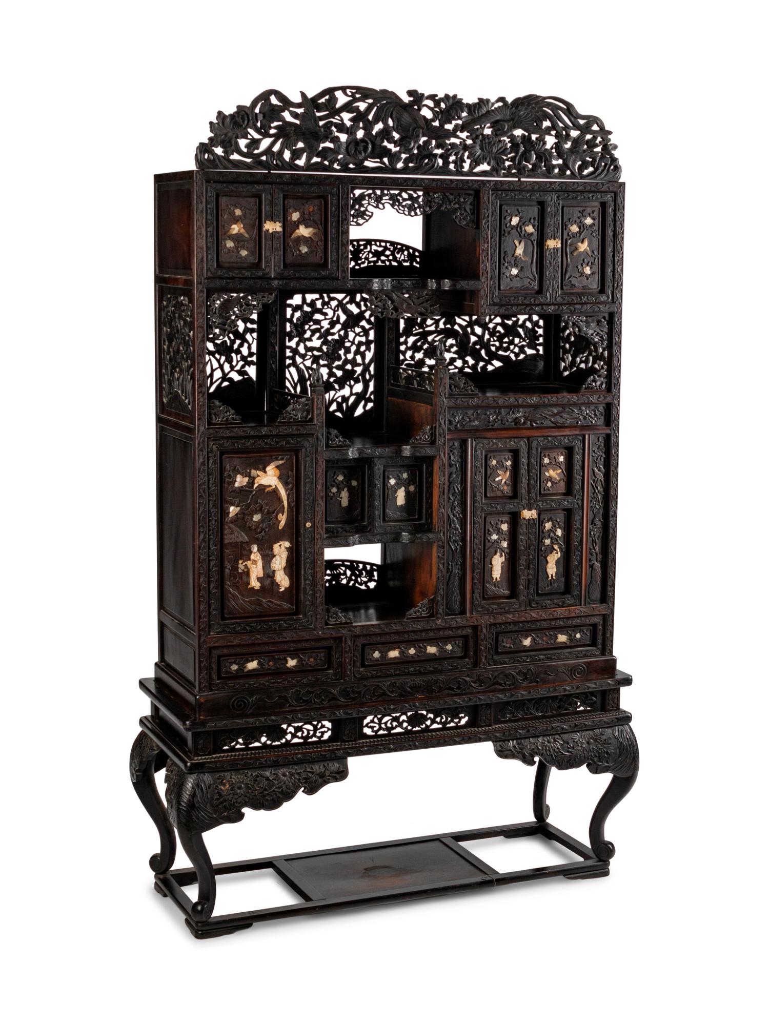 A Japanese Bone-Mounted Pierce-Carved Hardwood Cabinet on Stand — 19TH CENTURY