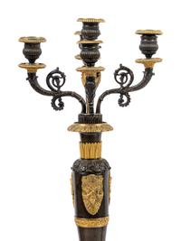 A Pair of Louis Philippe Gilt and Patinated Bronze Five-Light Candelabra