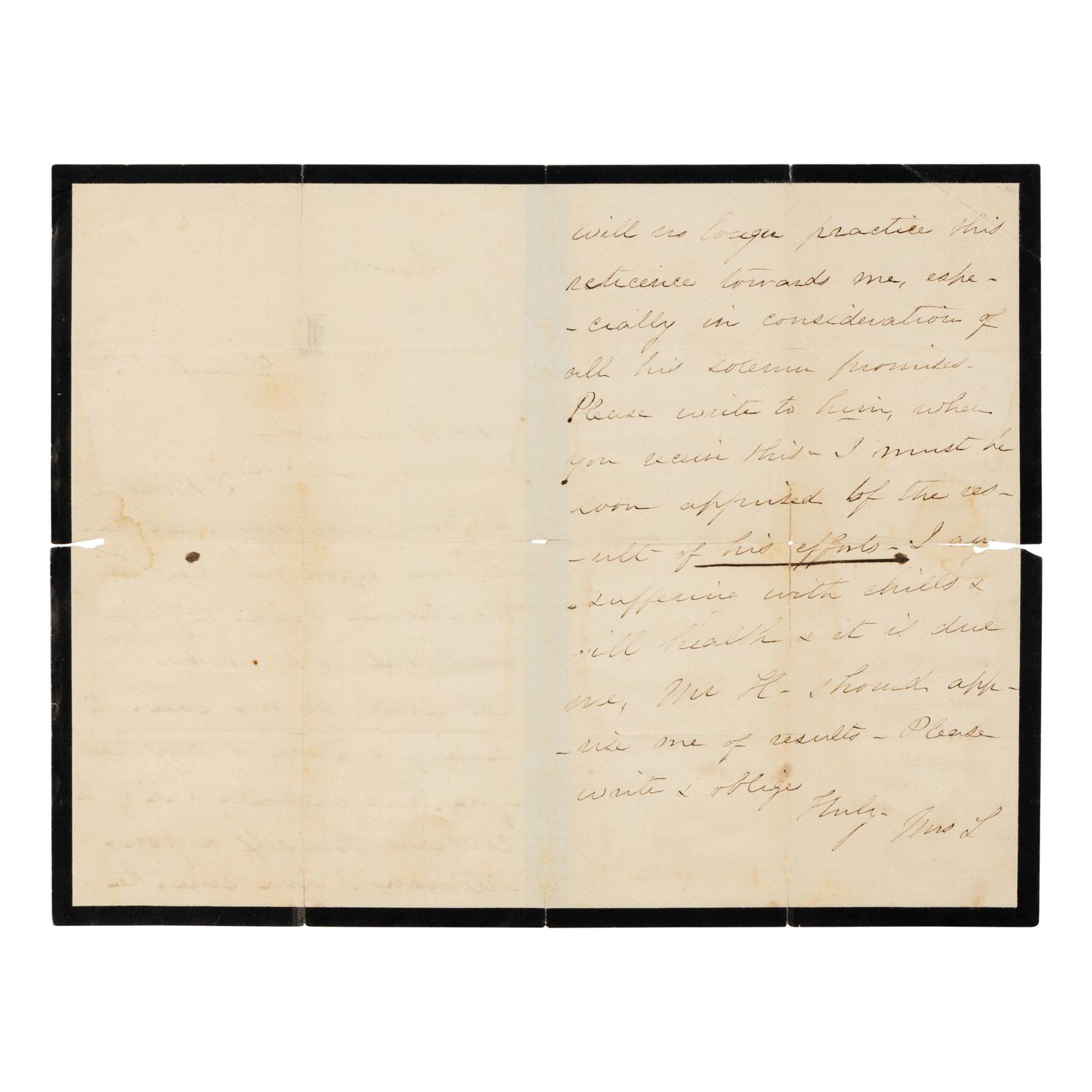LINCOLN, Mary Todd (1818-1882). Autograph letter signed ("Mrs. L.") to Alexander Williamson. Chicago, 30 November 1866.