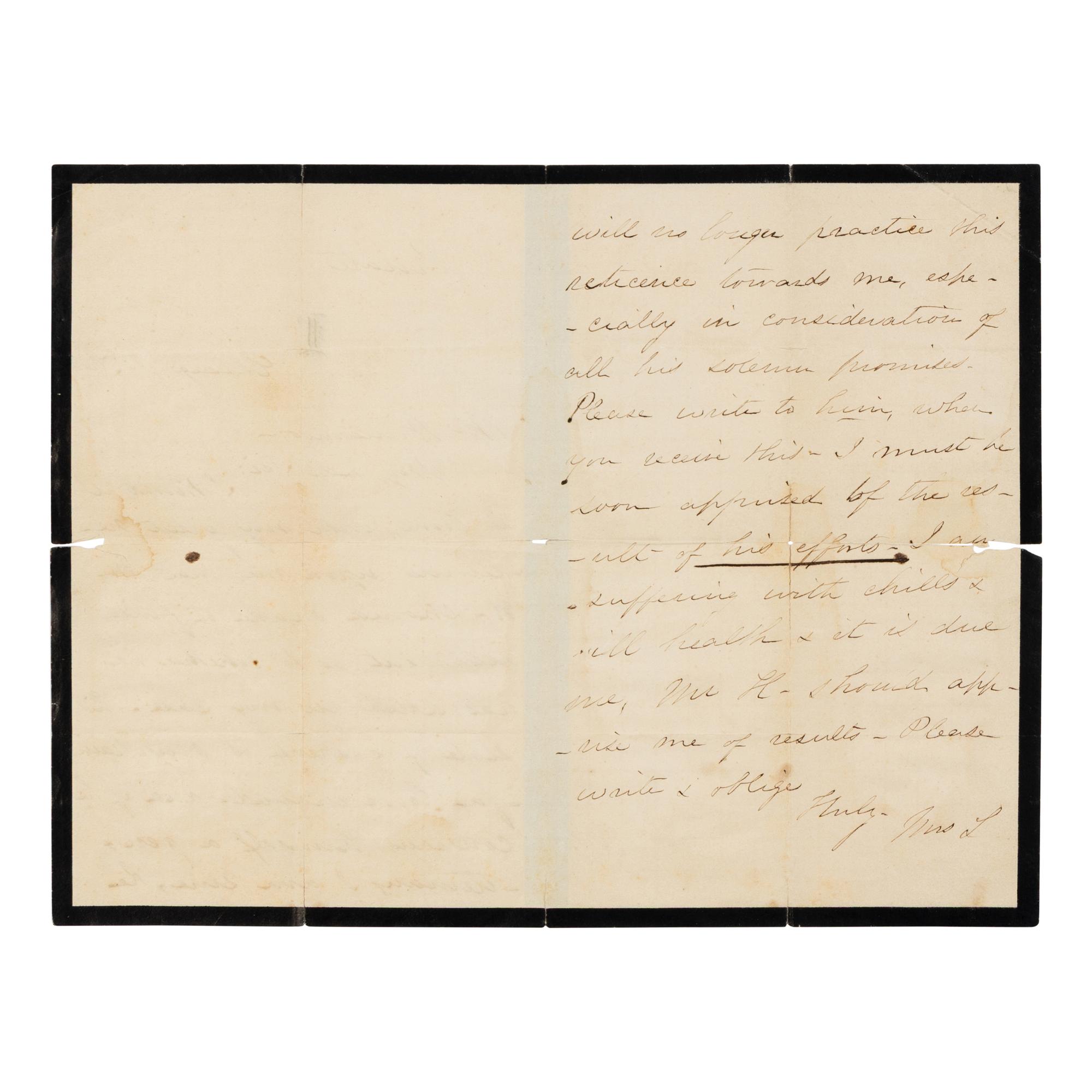 LINCOLN, Mary Todd (1818-1882). Autograph letter signed ("Mrs. L.") to Alexander Williamson. Chicago, 30 November 1866.