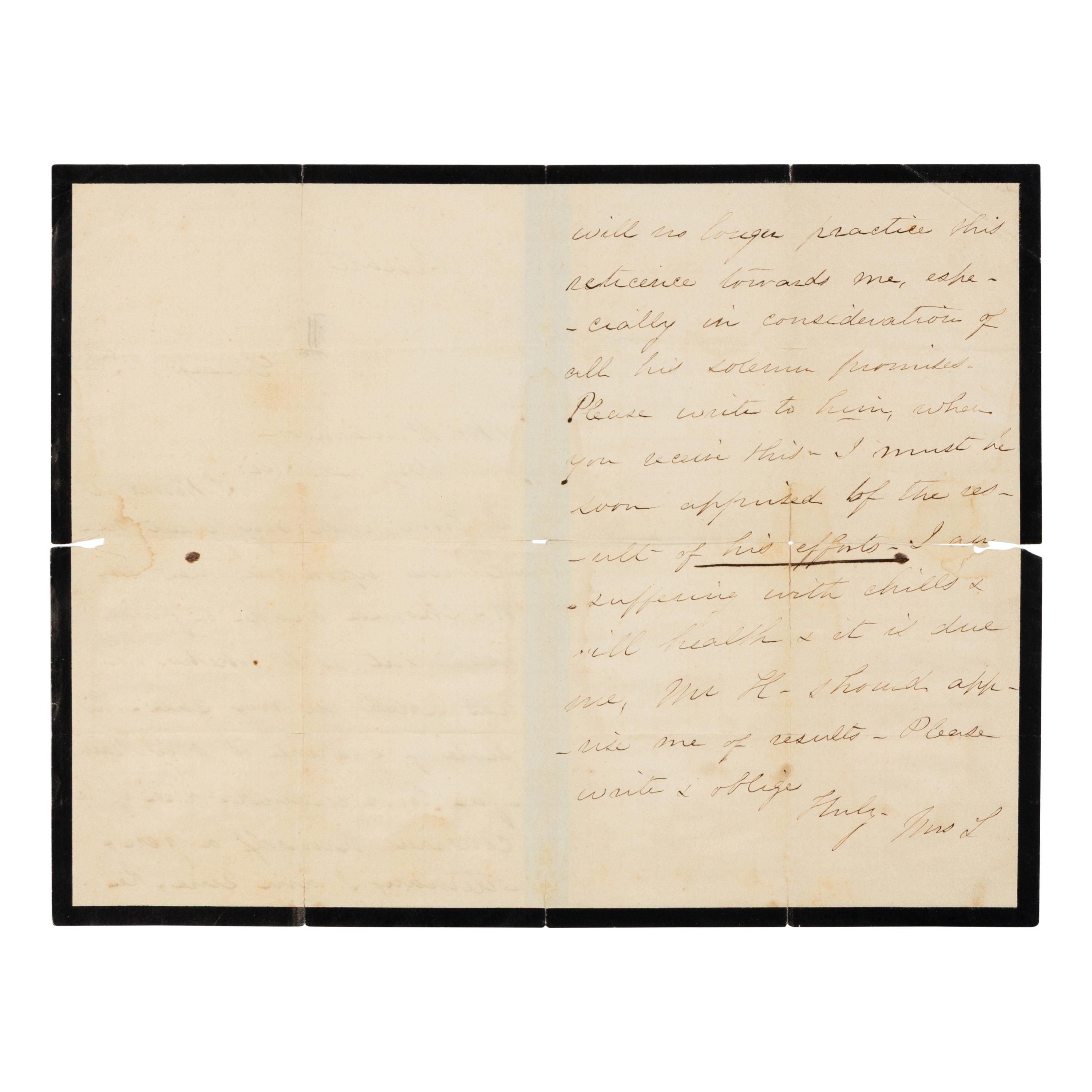 LINCOLN, Mary Todd (1818-1882). Autograph letter signed ("Mrs. L.") to Alexander Williamson. Chicago, 30 November 1866.