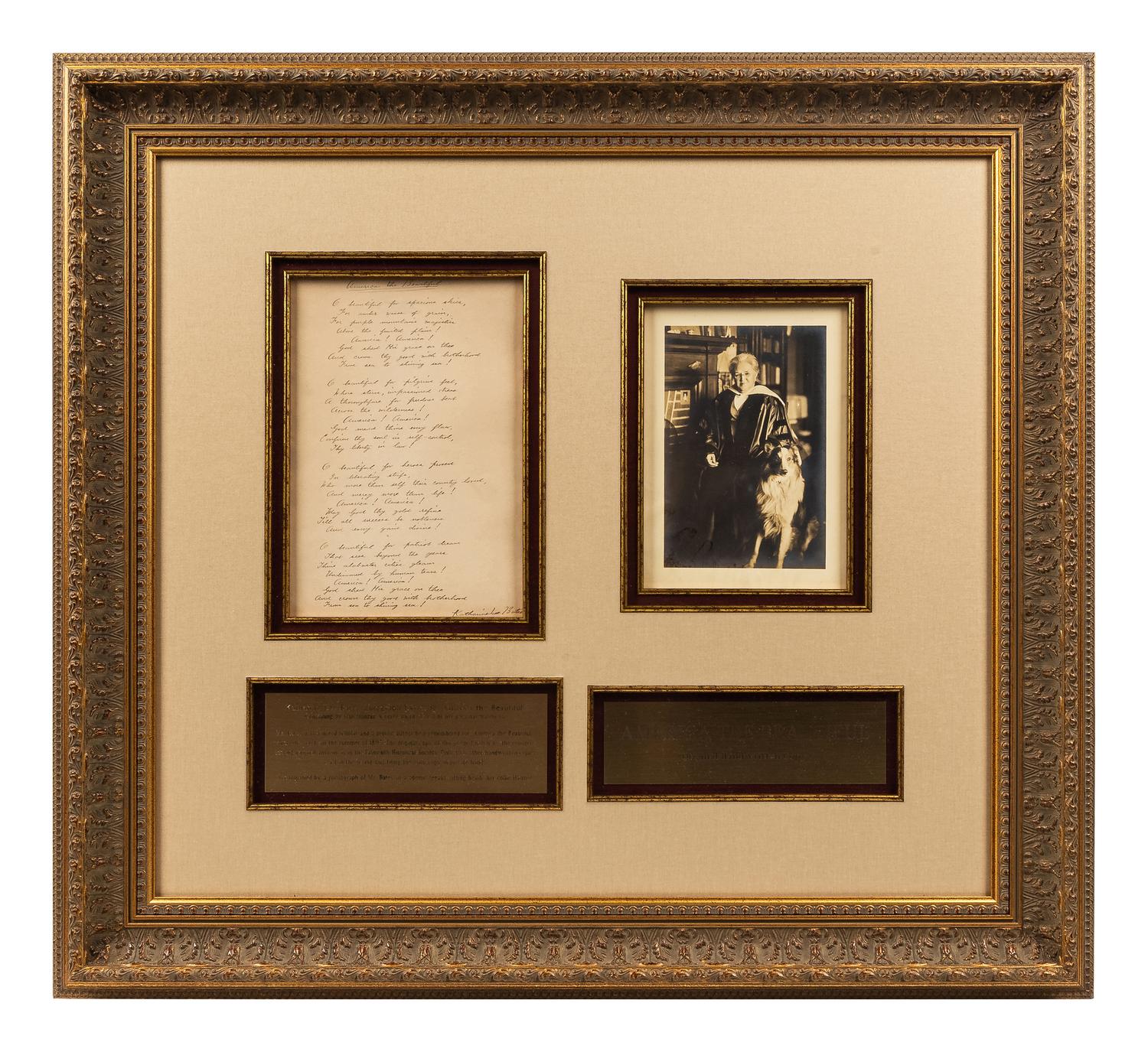 BATES, Katharine Lee. Autograph manuscript signed (Katharine Lee Bates"), a fair copy of the full four verses of “America the Beautiful.” N.p., n.d.