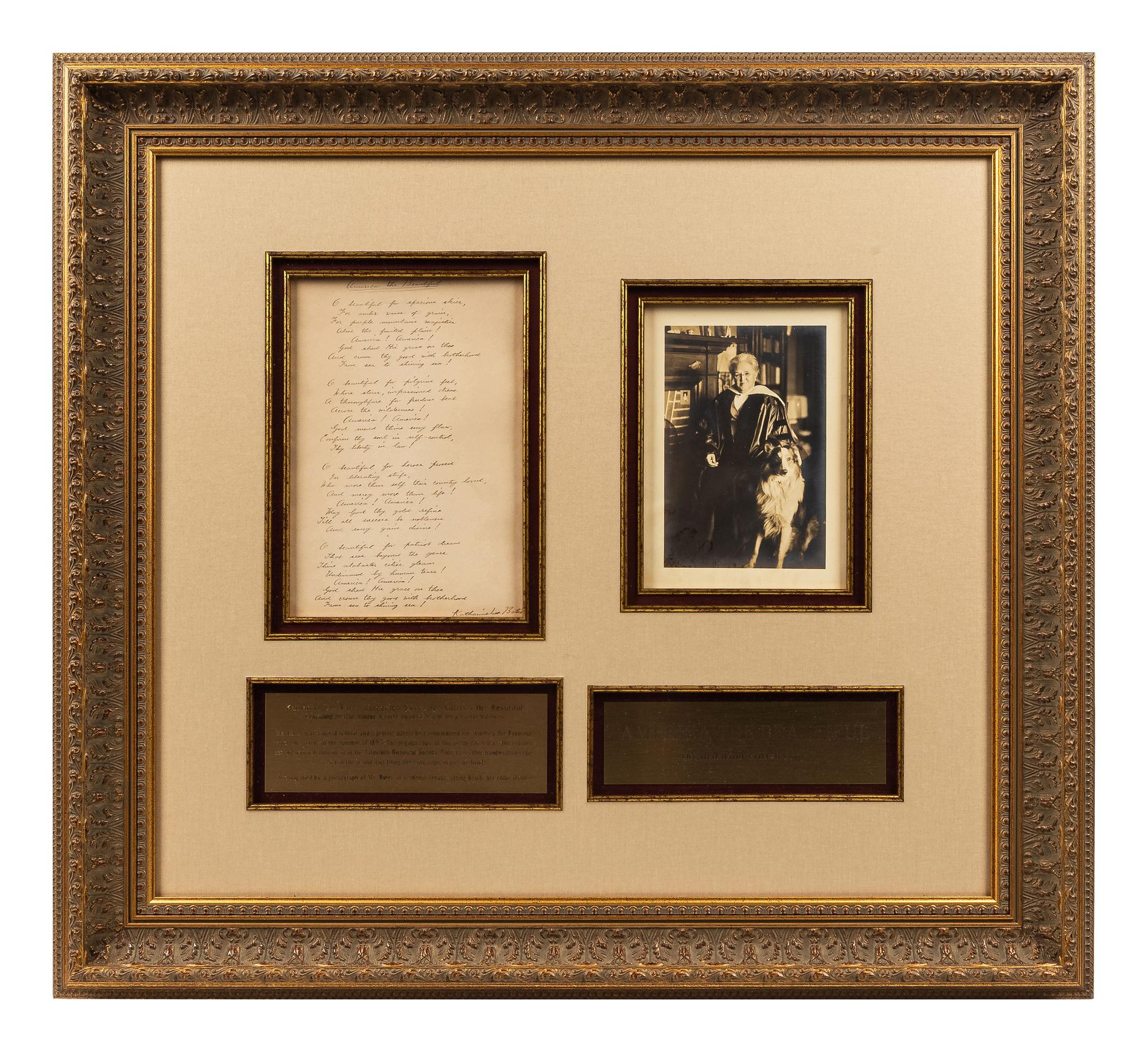 BATES, Katharine Lee. Autograph manuscript signed (Katharine Lee Bates"), a fair copy of the full four verses of “America the Beautiful.” N.p., n.d.