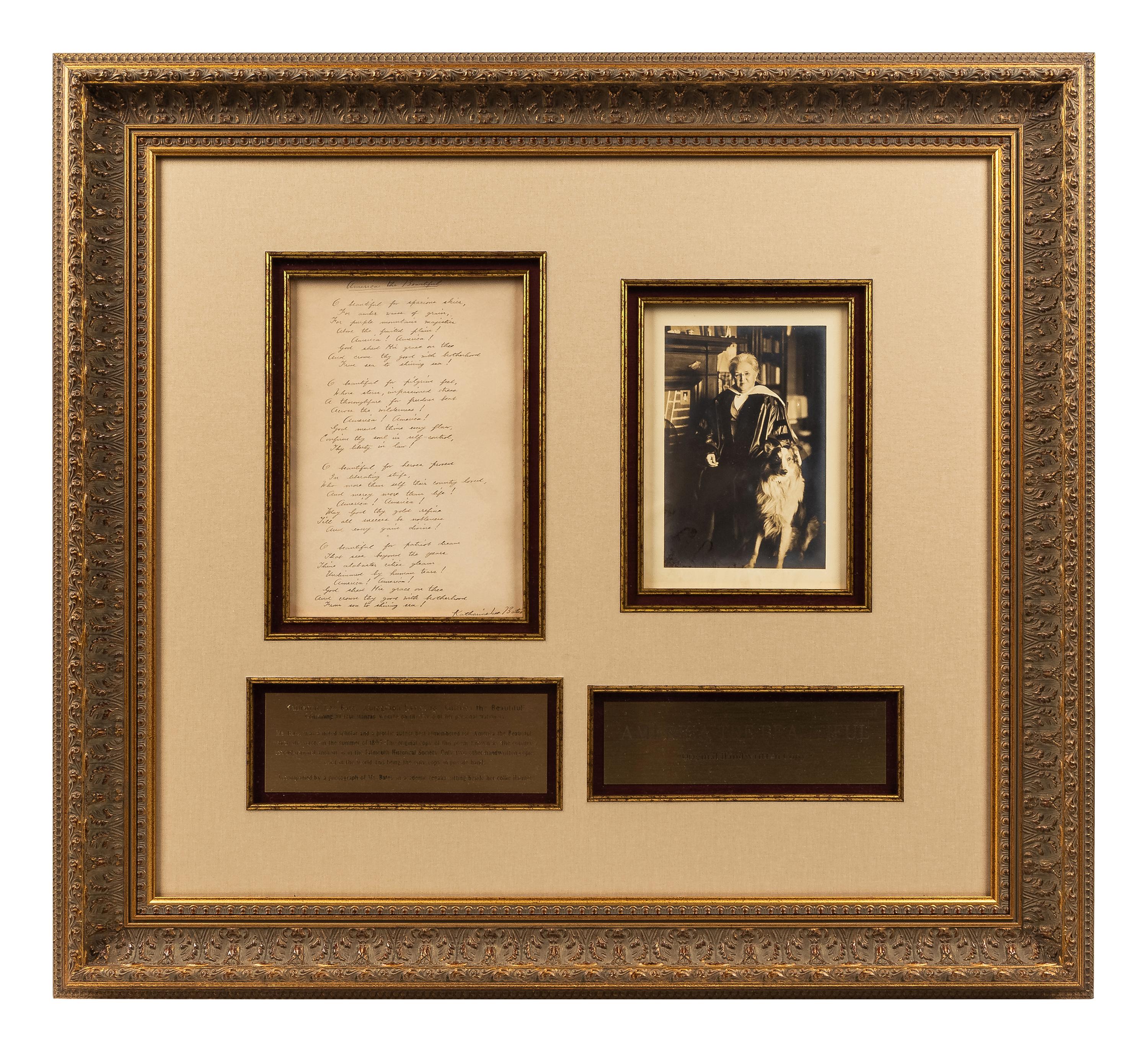 BATES, Katharine Lee. Autograph manuscript signed (Katharine Lee Bates"), a fair copy of the full four verses of “America the Beautiful.” N.p., n.d.