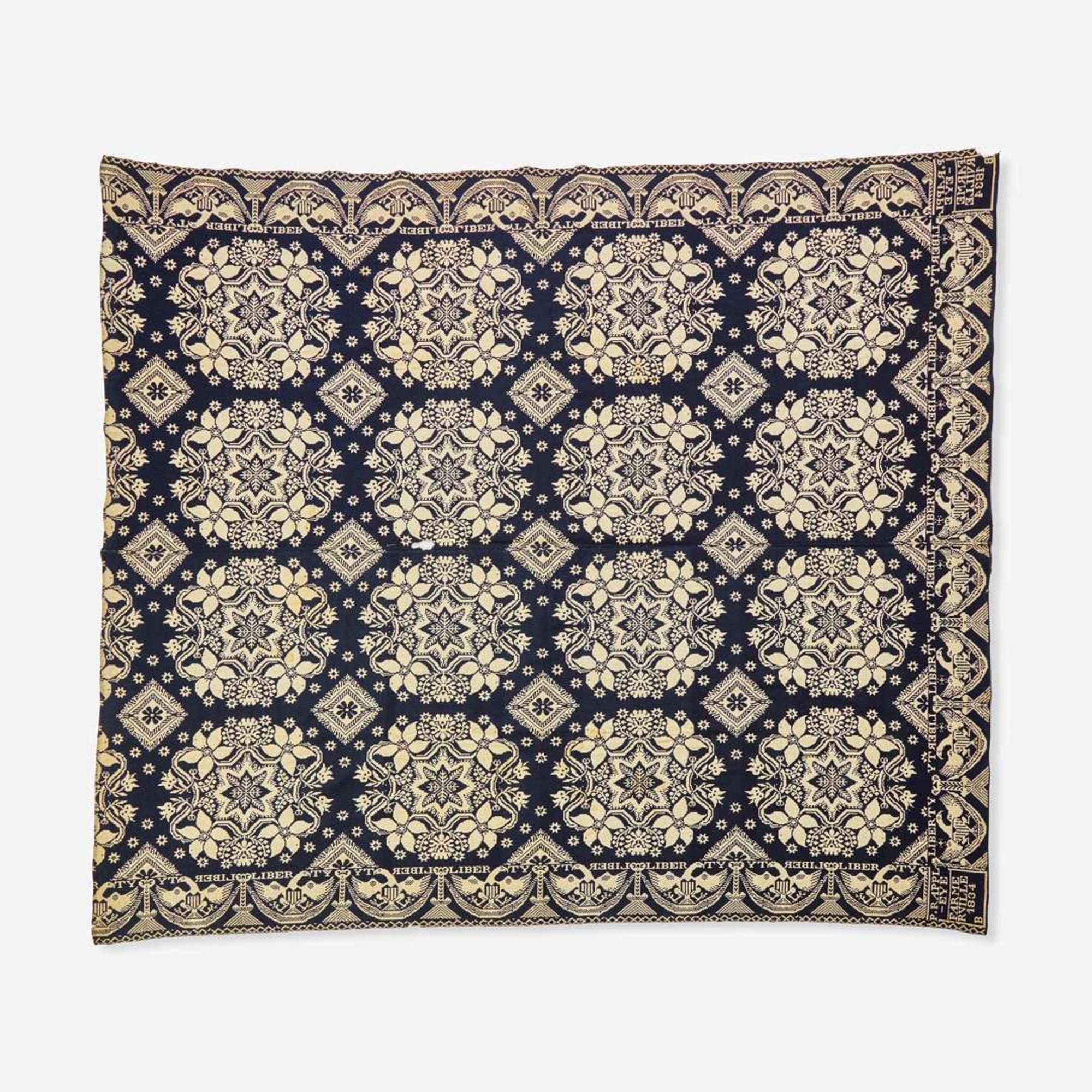 An assorted collection of five woven wool coverlets and one quilt; 19th century
