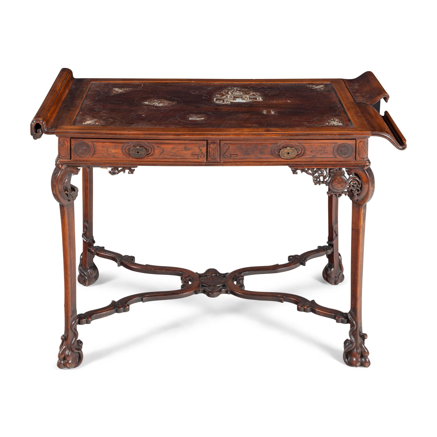 A French Chinoiserie Decorated Mother-of-Pearl Inlaid Writing Desk