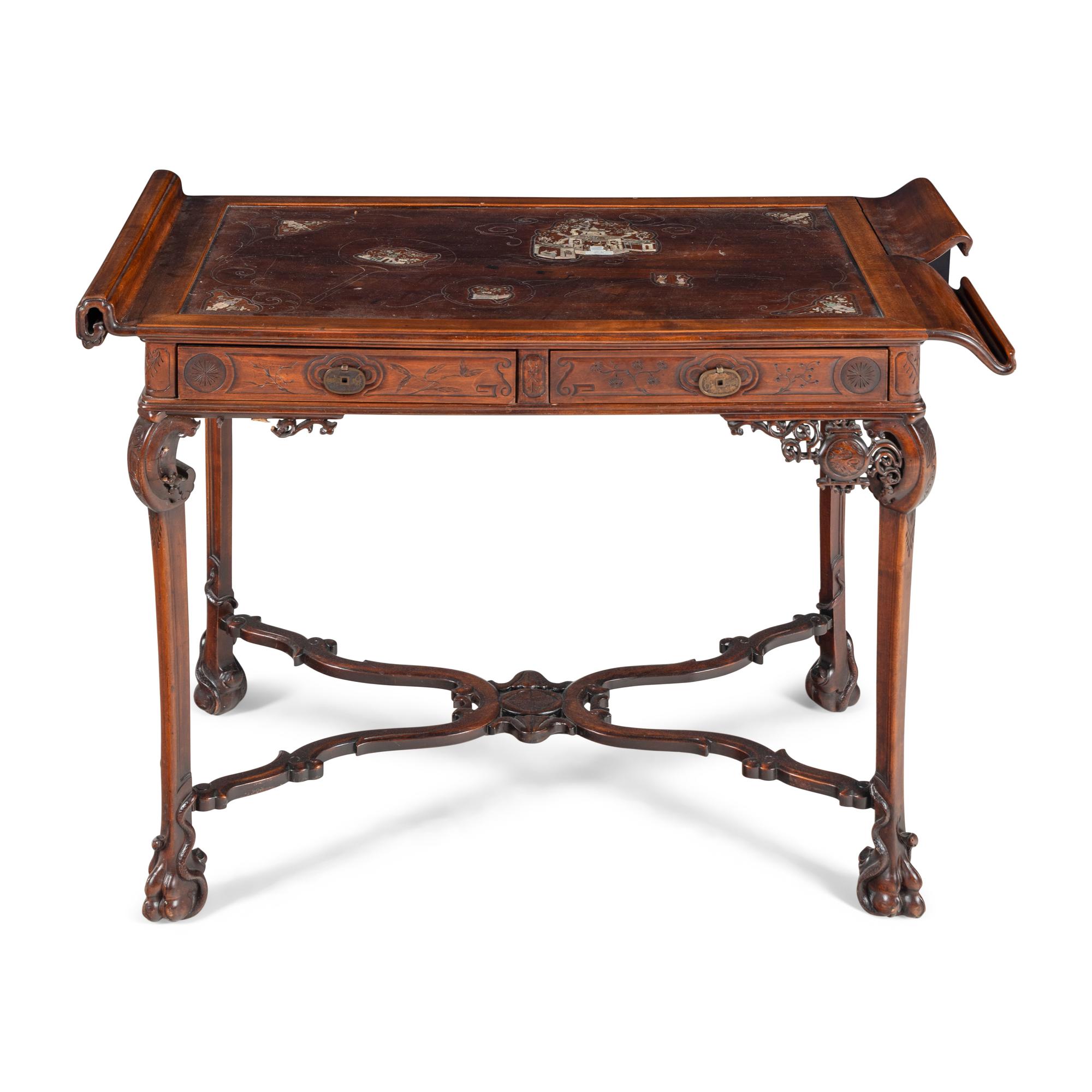 A French Chinoiserie Decorated Mother-of-Pearl Inlaid Writing Desk