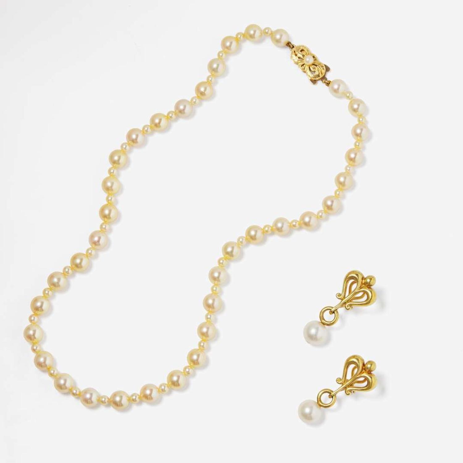 A Pair of 18K Yellow Gold and Pearl Earrings and a Mikimoto Pearl Necklace