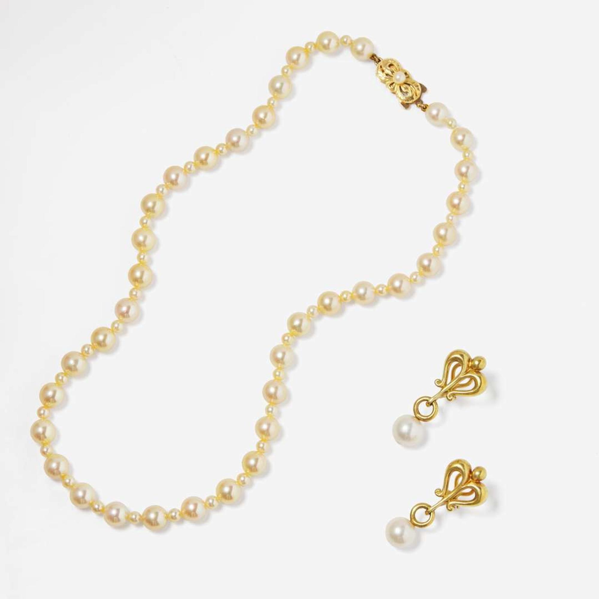 A Pair of 18K Yellow Gold and Pearl Earrings and a Mikimoto Pearl Necklace