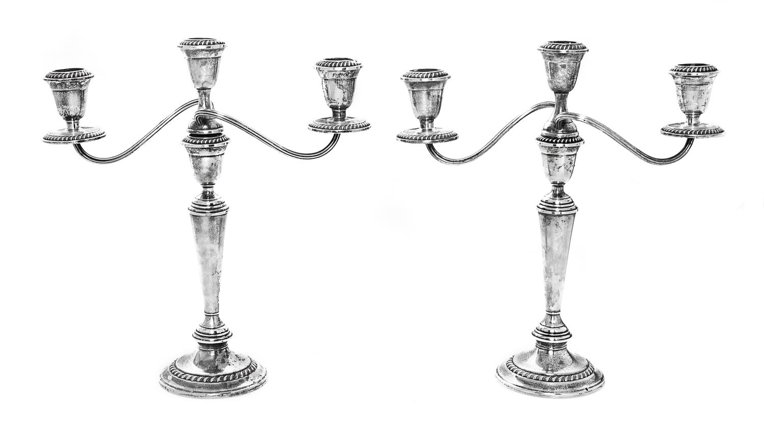 A Pair of American Silver Three-Light Candelabra, Alvin Mfg. Co., Providence, RI, each weighted.