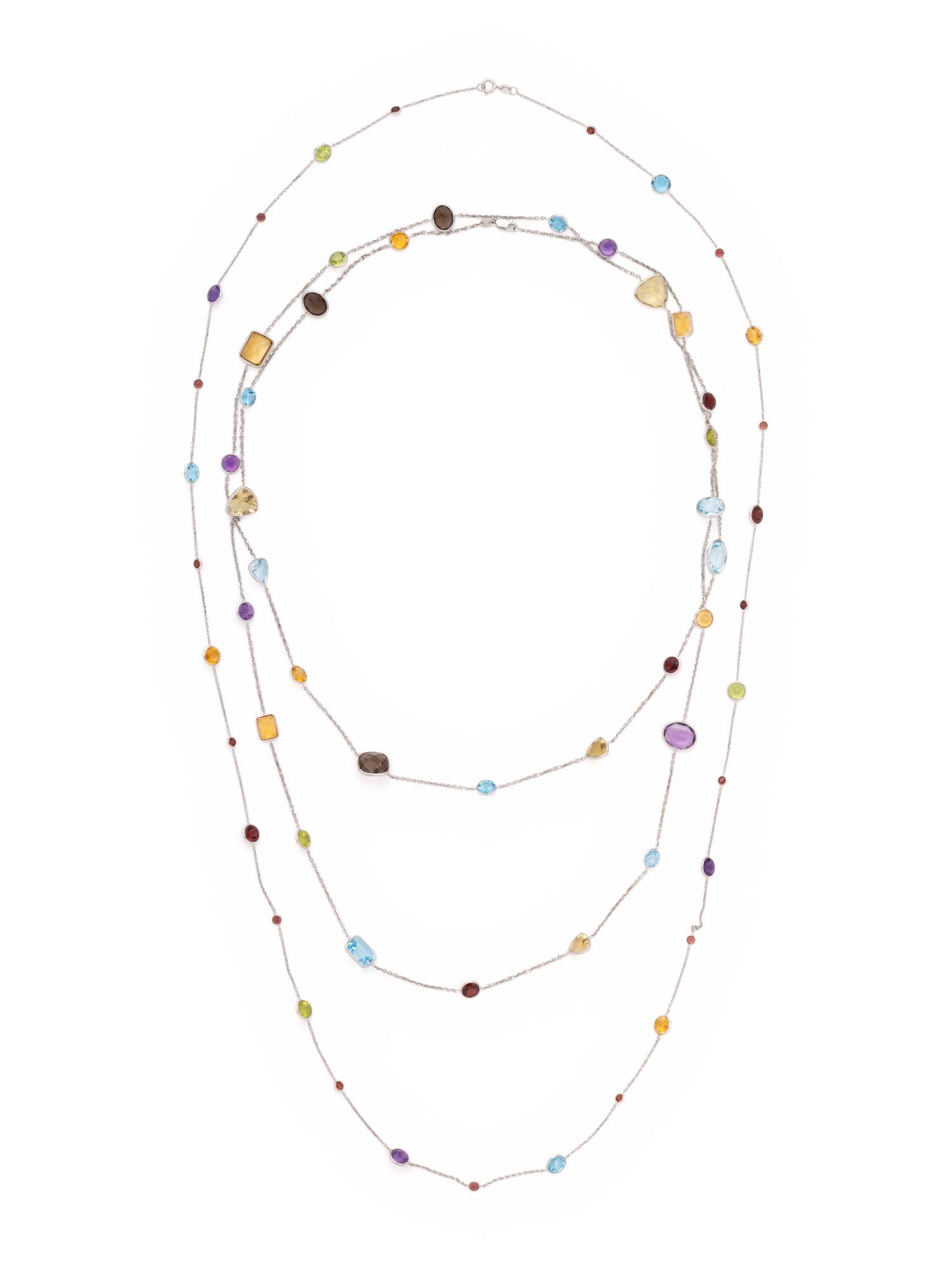 COLLECTION OF WHITE GOLD AND MULTIGEM LONGCHAIN NECKLACES