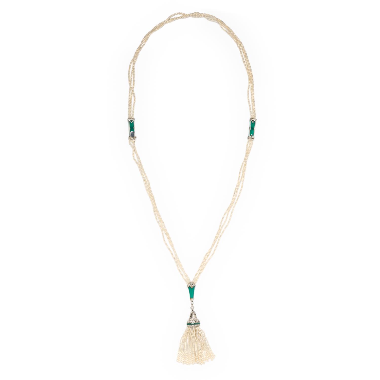 ART DECO, SEED PEARL, CHRYSOPRASE, AND DIAMOND SAUTOIR NECKLACE