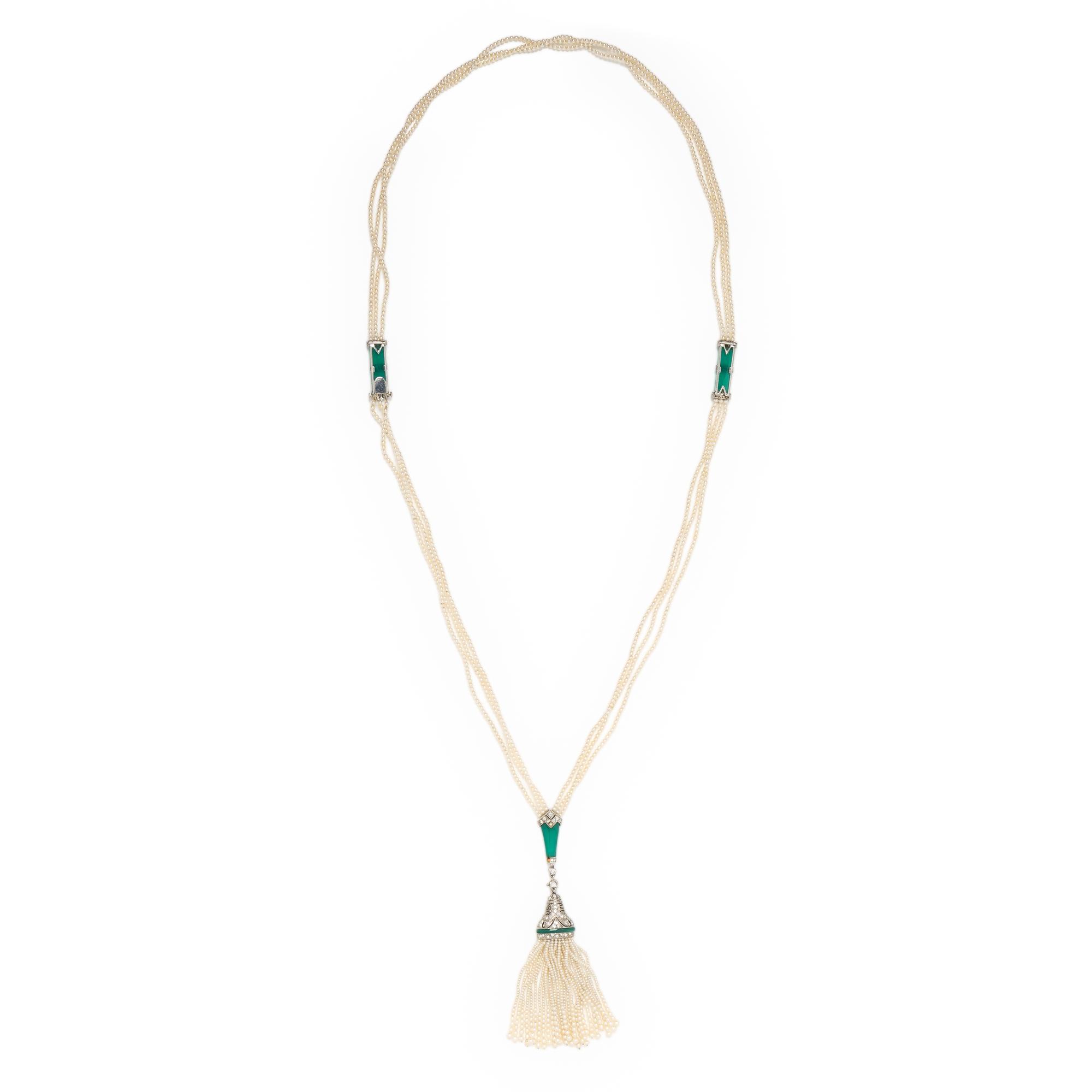 ART DECO, SEED PEARL, CHRYSOPRASE, AND DIAMOND SAUTOIR NECKLACE