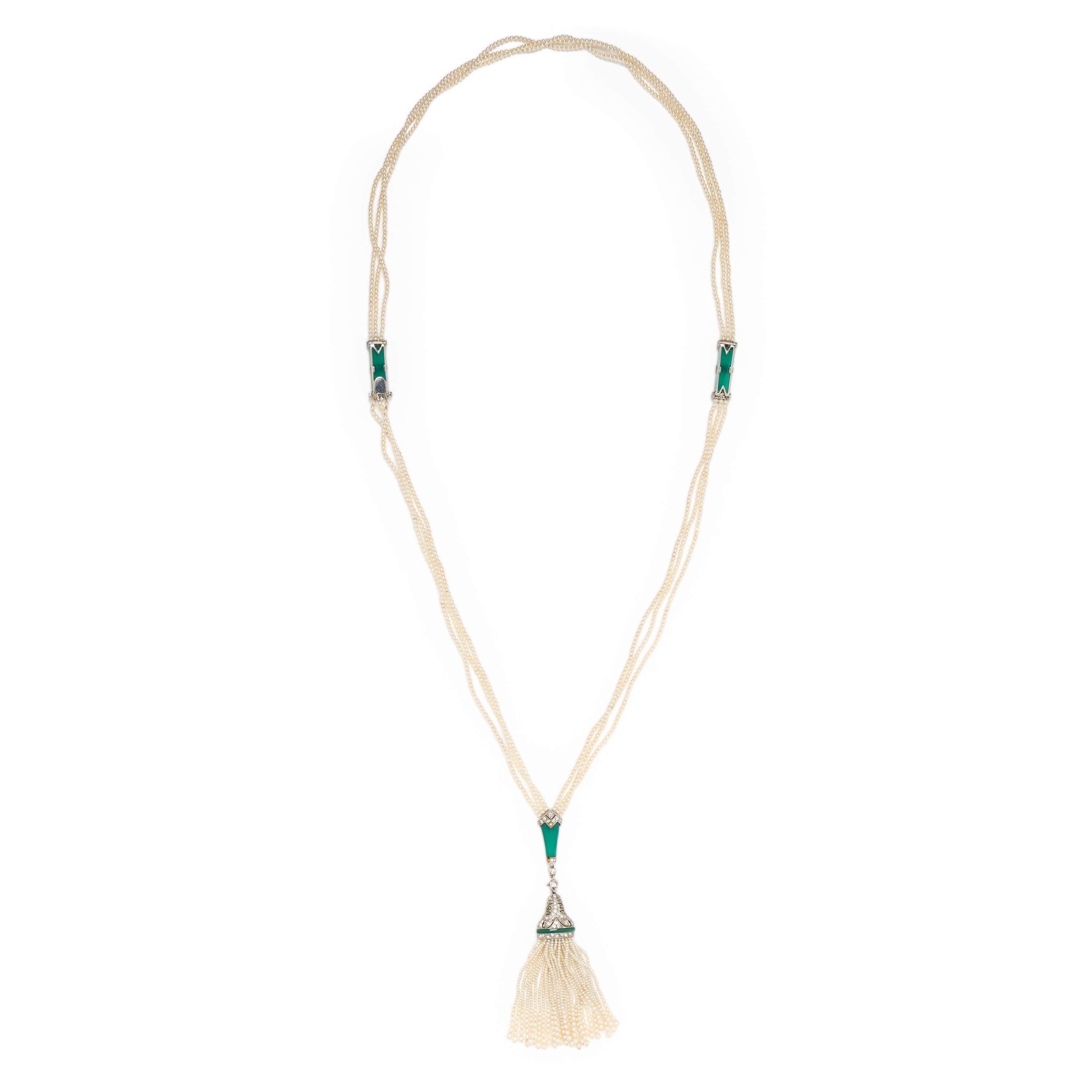 ART DECO, SEED PEARL, CHRYSOPRASE, AND DIAMOND SAUTOIR NECKLACE