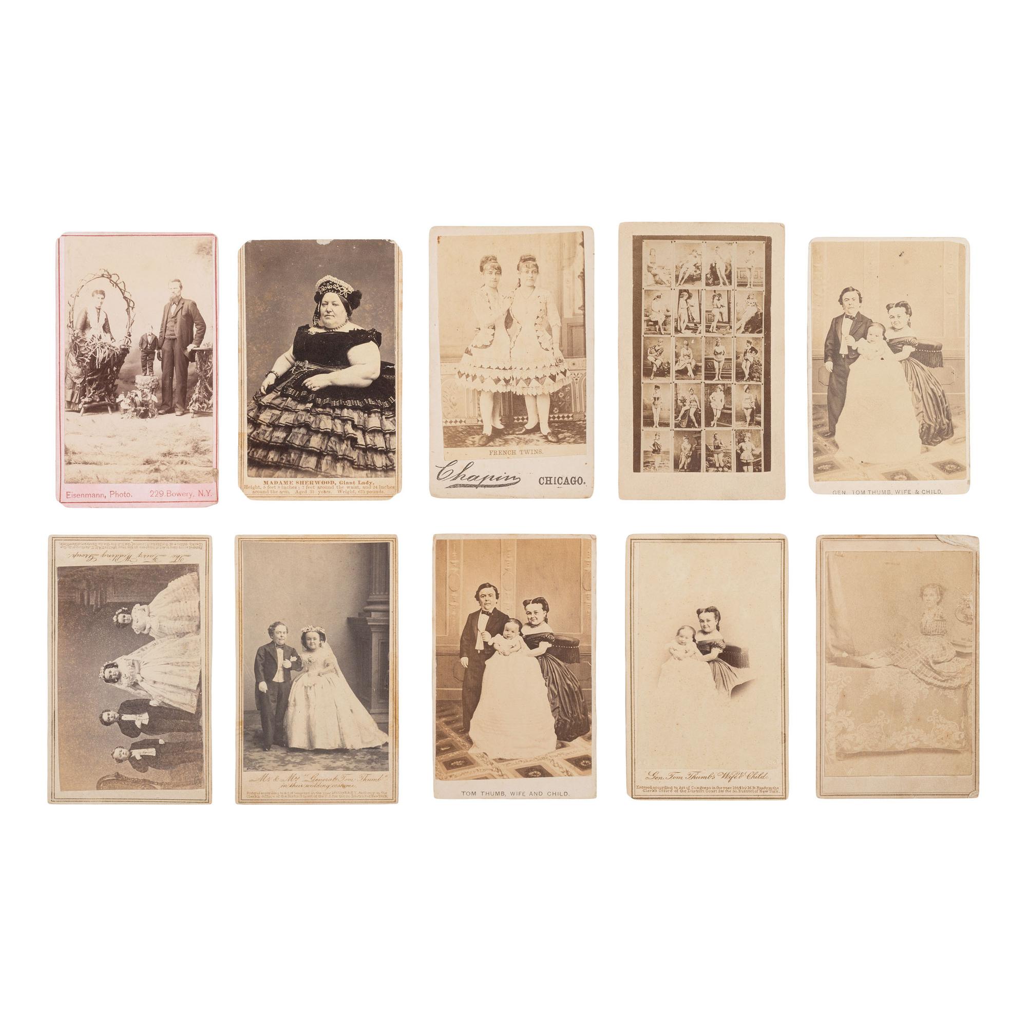 [Early Photography] Ten Carte de Visites, Circus Performers and Sideshow Acts, incl. Signed View of Ann Leak.